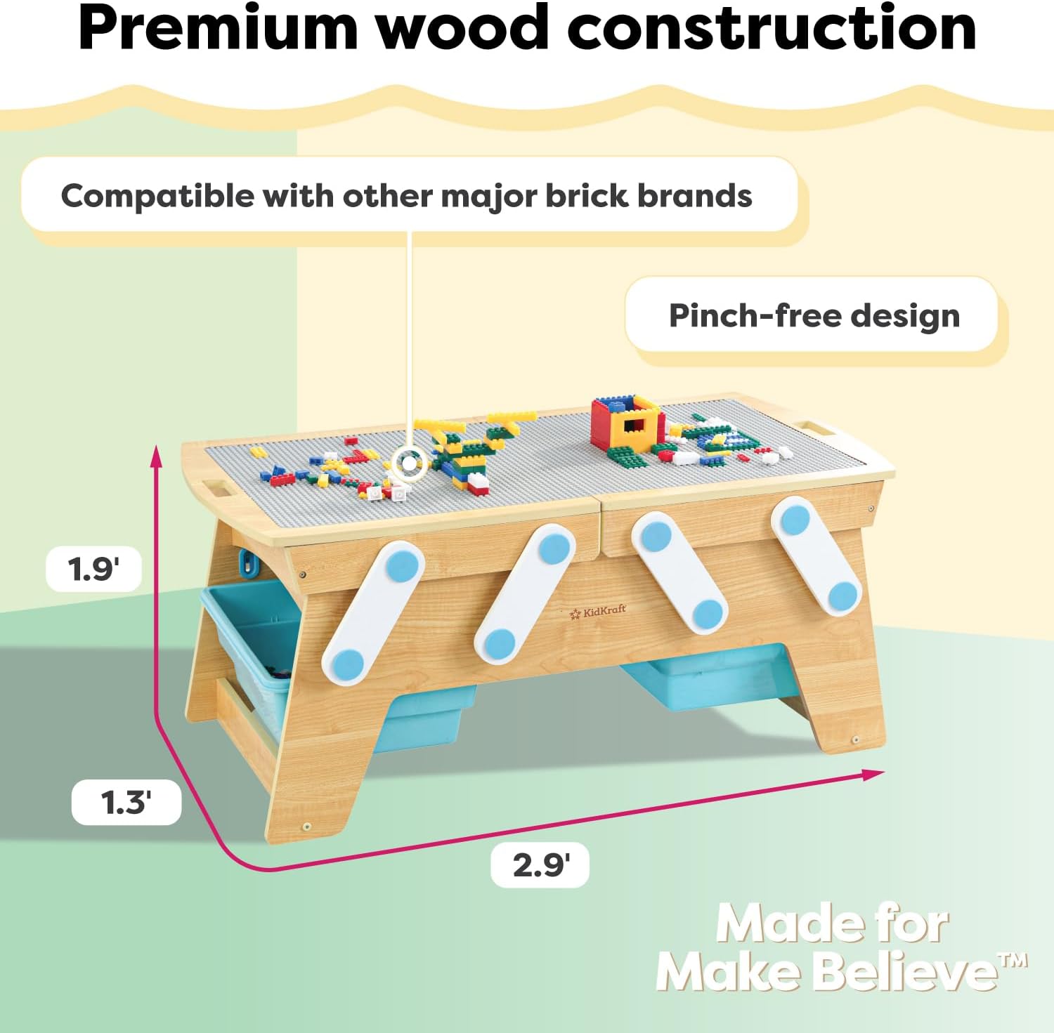 KidKraft Building Bricks Play N Store Wooden Table, Childrens Toy Storage with Bins, 200 Building Blocks Included, Natural, Gift for Ages 3 · v5
