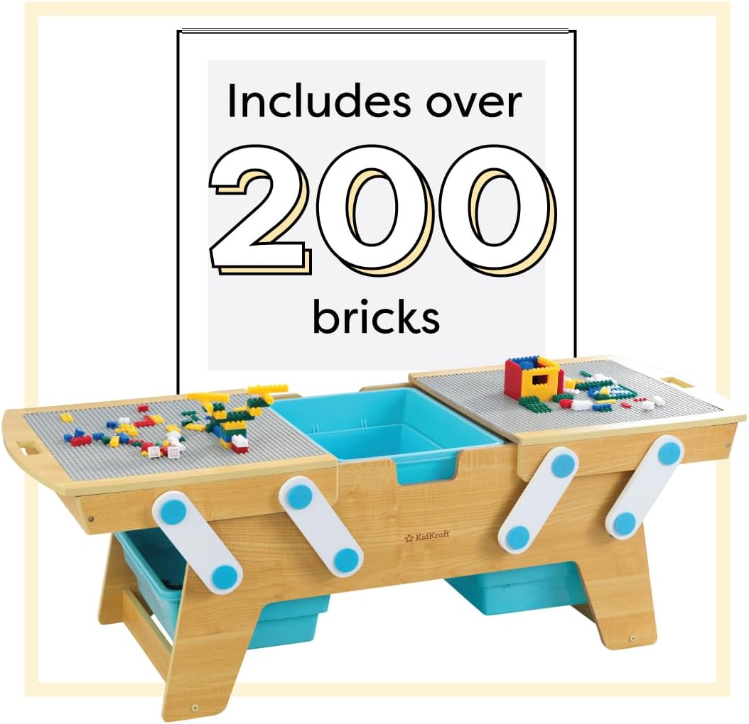 KidKraft Building Bricks Play N Store Wooden Table, Childrens Toy Storage with Bins, 200 Building Blocks Included, Natural, Gift for Ages 3 · v5