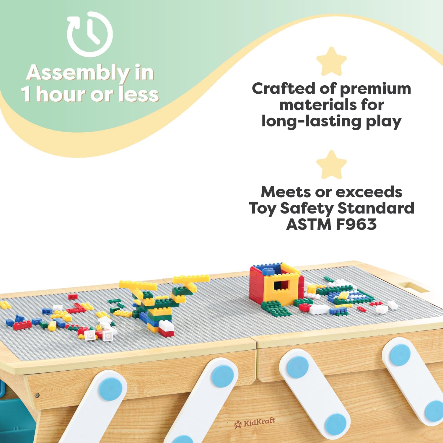 KidKraft Building Bricks Play N Store Wooden Table, Childrens Toy Storage with Bins, 200 Building Blocks Included, Natural, Gift for Ages 3 · v5
