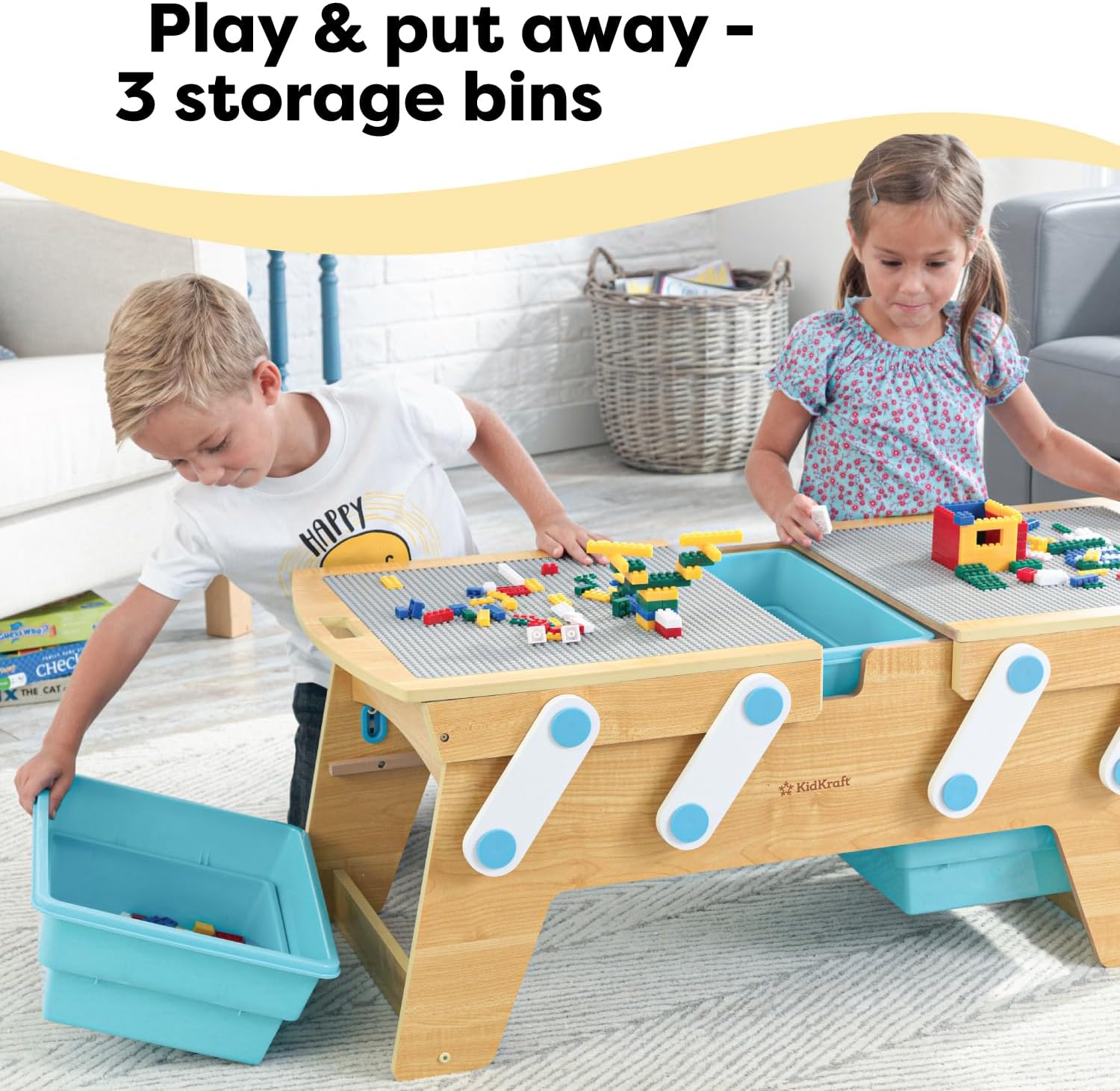 KidKraft Building Bricks Play N Store Wooden Table, Childrens Toy Storage with Bins, 200 Building Blocks Included, Natural, Gift for Ages 3 · v5