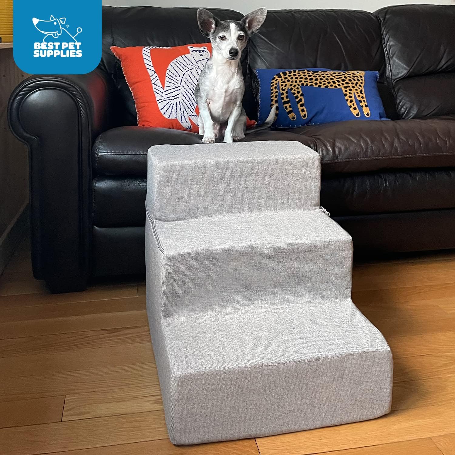 Best Pet Supplies Scalette pieghevoli in schiuma per cani e gatti di piccola taglia, scale a rampa portatili per arrampicata su divano, divano e letto alto, supporto per gradini interni bilanciato antiscivolo, sicuro per le zampe - lino grigio cenere, 3 gradini