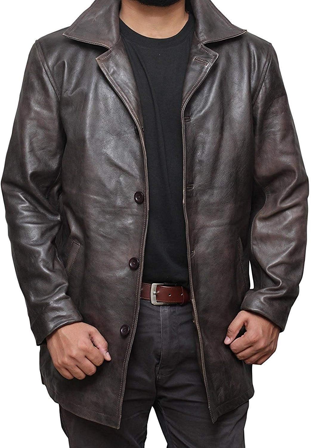 Mens Military Type Lambskin Leather Trench Coat · v3