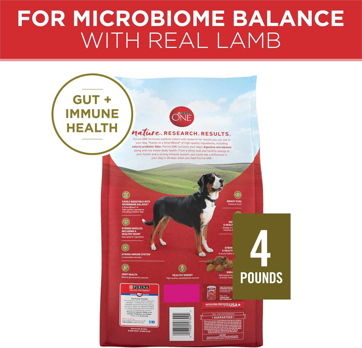 طعام الكلاب الجاف Purina ONE بتركيبة لحم الضأن والأرز - (عبوة من 4 أكياس) 4 رطل