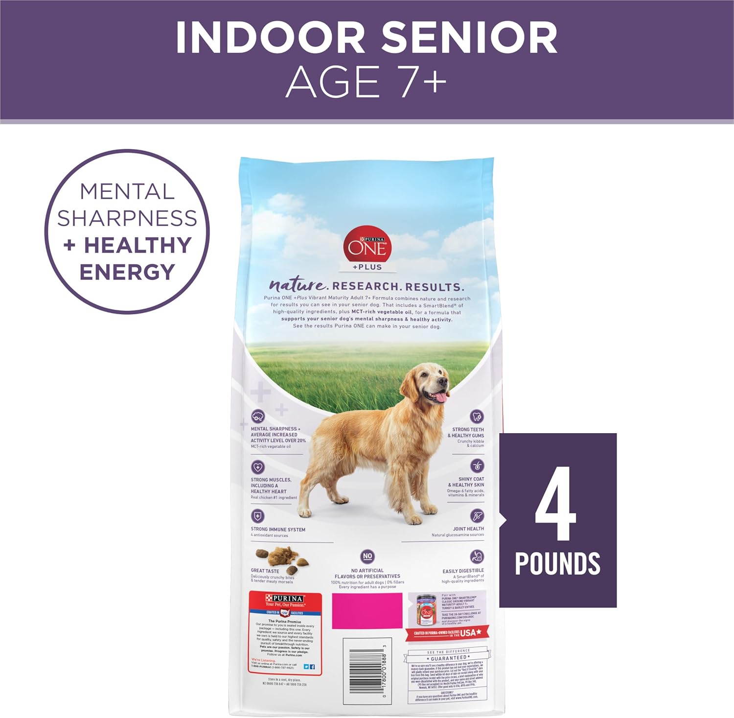 Purina ONE High Protein Dry Senior Dog Food Plus Vibrant Maturity Adult 7 Plus Formula - (Pack of 4) 4 lb. Bags