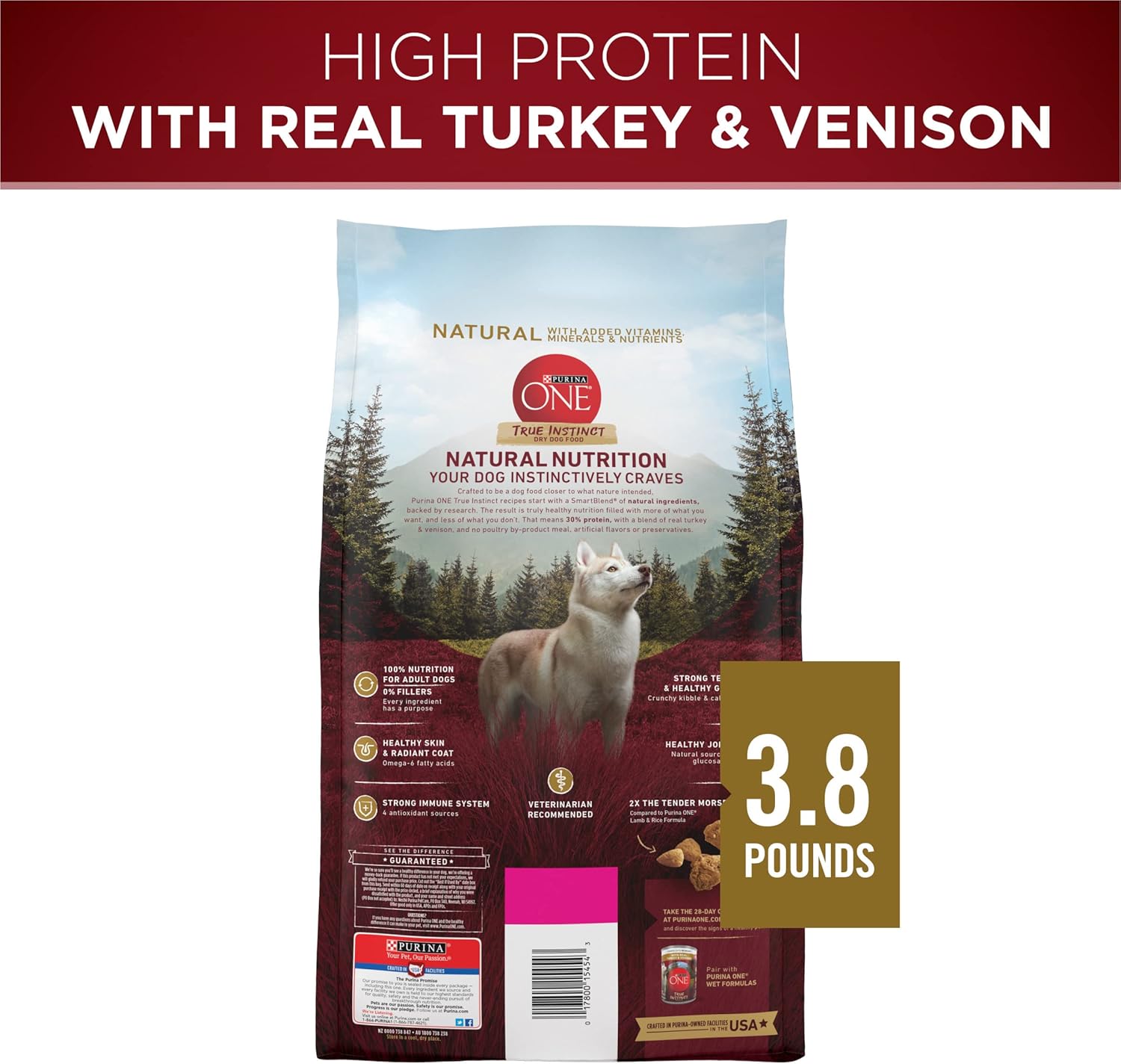 Nourriture sèche pour chiens Purina ONE True Instinct contenant un mélange de vraie dinde et de gibier - (Lot de 4) sacs de 3,8 livres