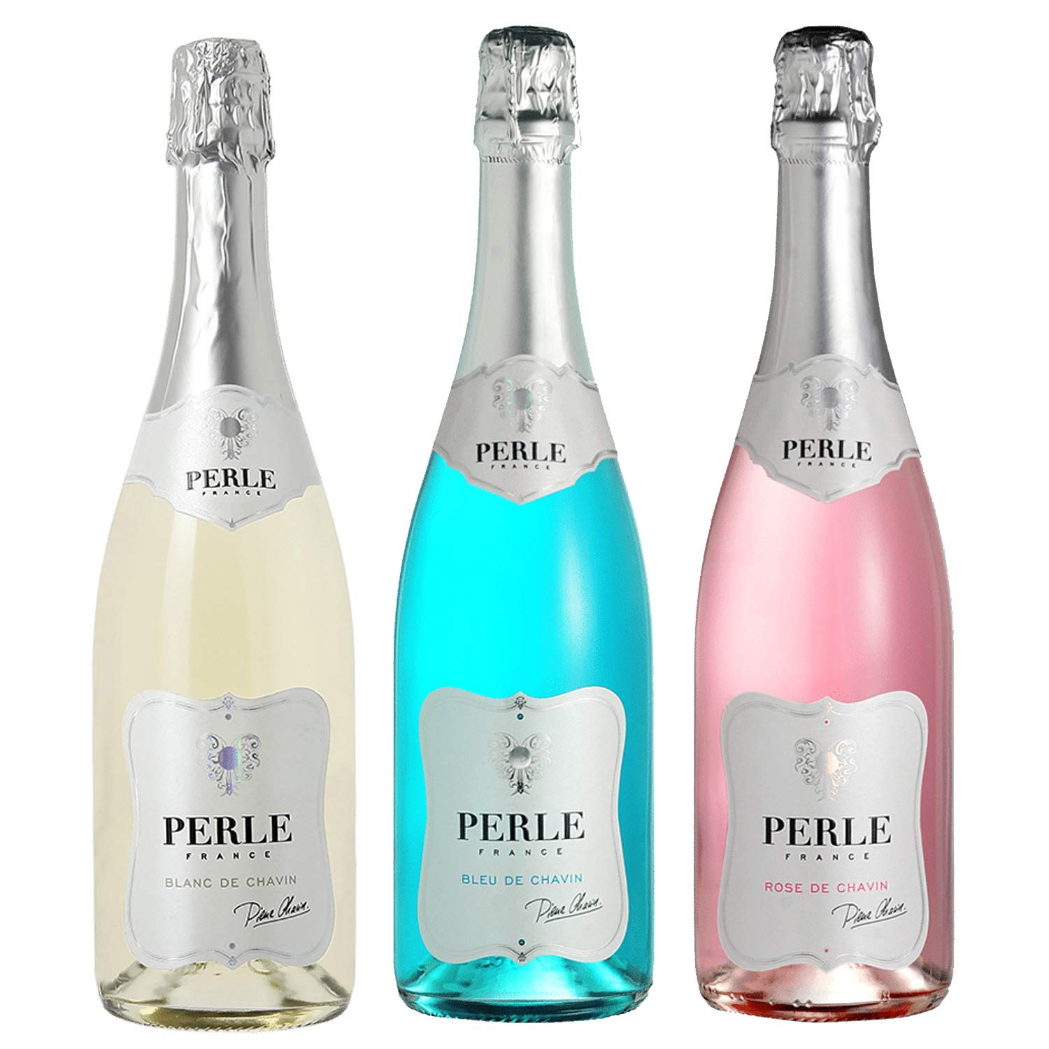 Confezione di spumanti analcolici Pierre Chavin Perle Blanc, Perle Bleu e Perle Rose 750 ml (3 bottiglie)