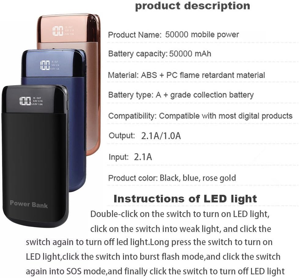Batterie de secours externe LED LCD 50 000 mAh, 20 W, 2 ports USB, pour iPhone, Samsung, smartphone Android (or rose)