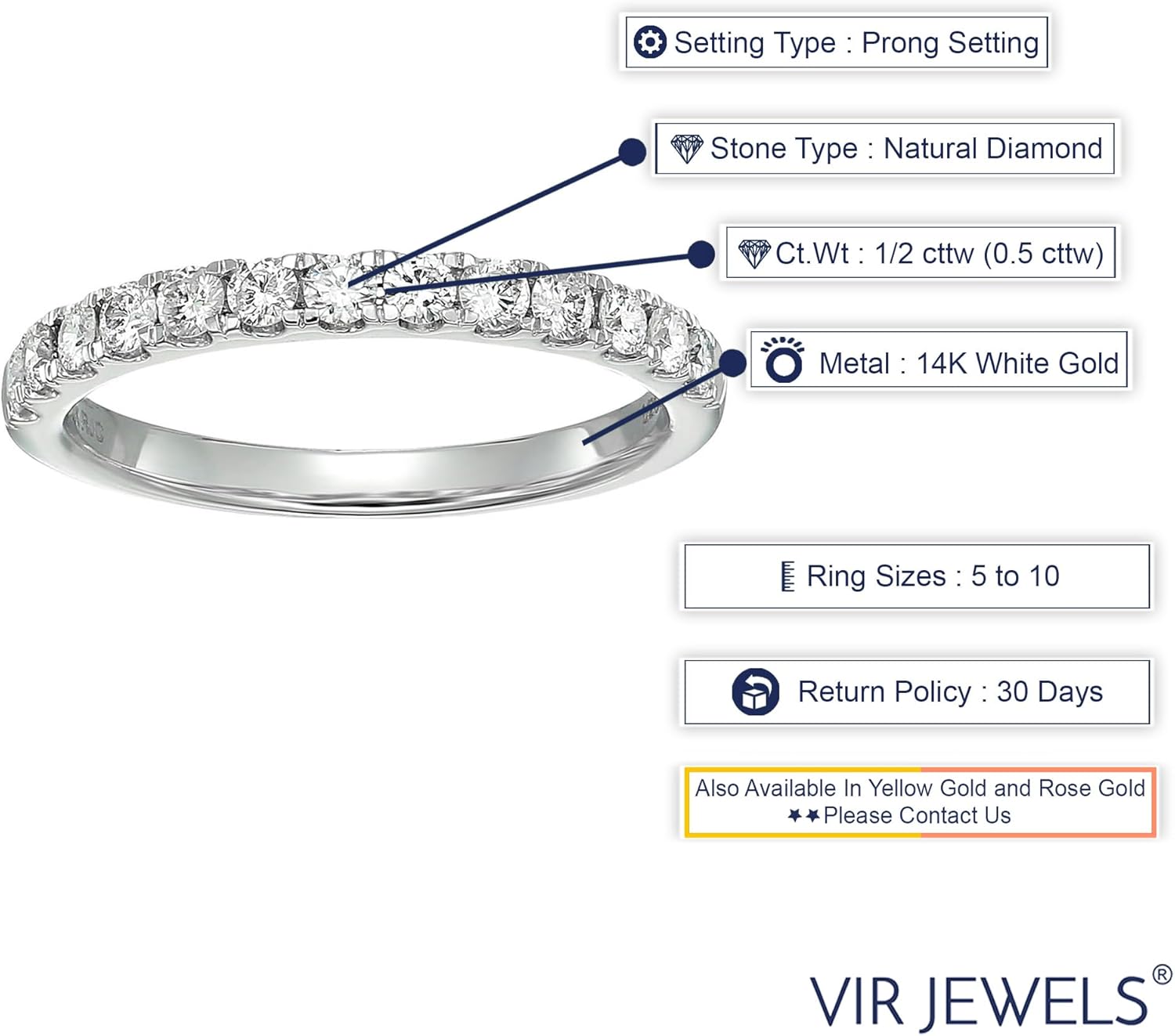 1/2 carat (ctw) Diamond Wedding Anniversary Band for Women, Half Eternity Round Diamond Engagement Ring 14K White Gold Prong Pave Set 0.50 cttw, Size 4-10.5 · v2
