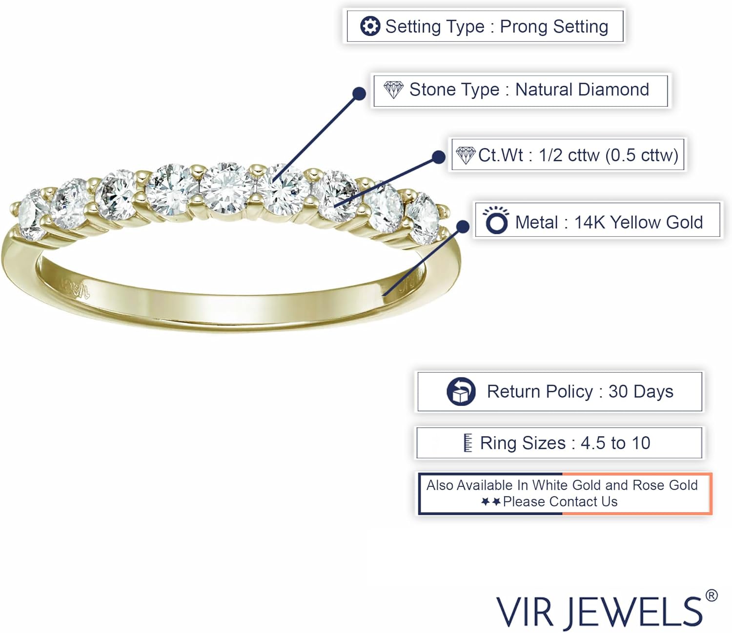 แหวนแต่งงานเพชรกลมขนาด 1/5 ถึง 3/4 กะรัตสำหรับผู้หญิง ทองคำ 14K ประดับด้วยเพชร 9 เม็ด ขนาด 4.5-10