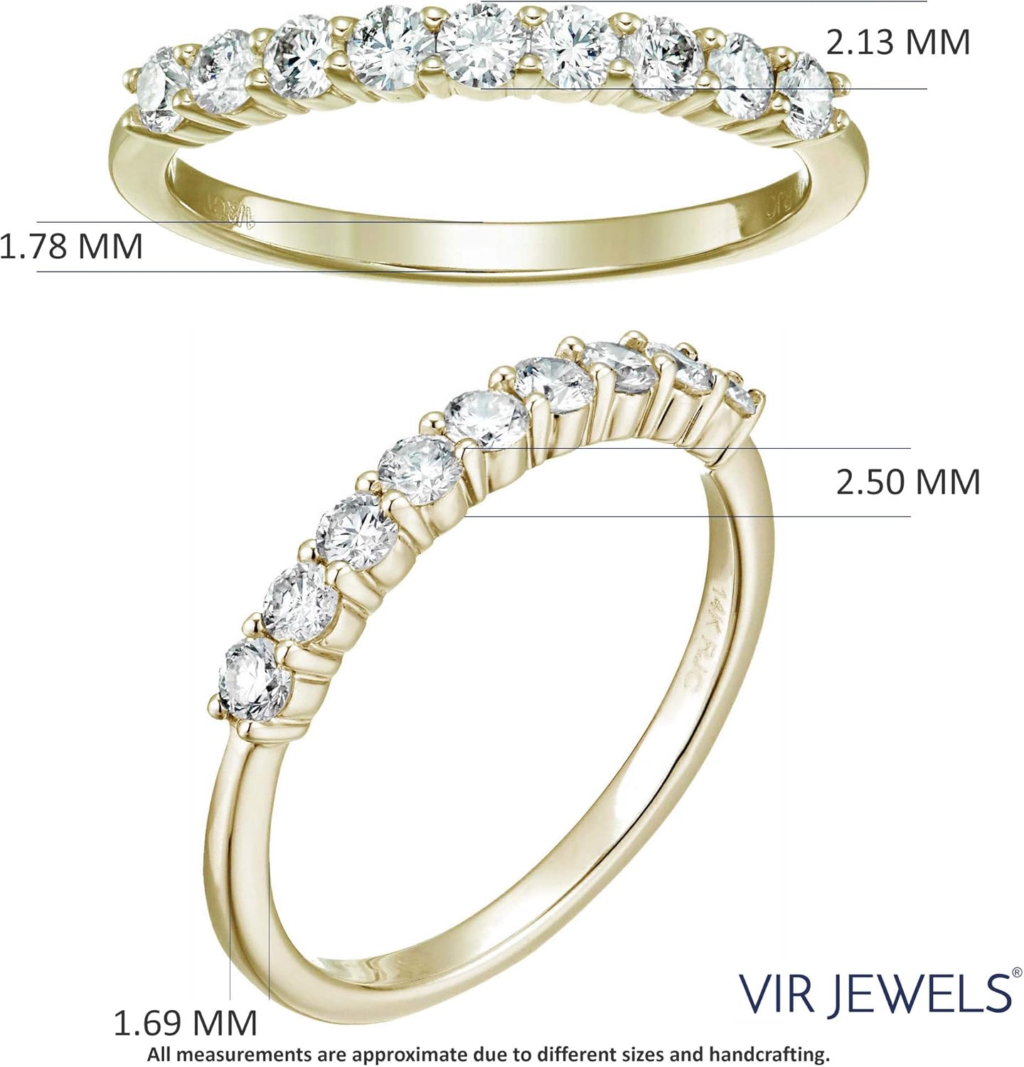 แหวนแต่งงานเพชรกลมขนาด 1/5 ถึง 3/4 กะรัตสำหรับผู้หญิง ทองคำ 14K ประดับด้วยเพชร 9 เม็ด ขนาด 4.5-10