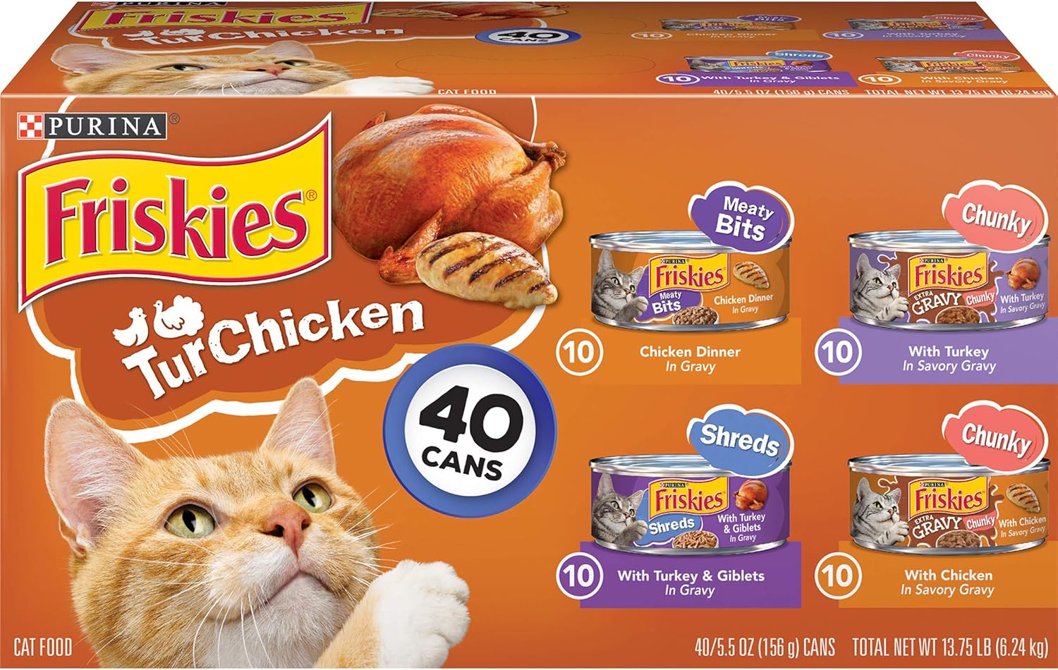 Purina Friskies Gravy Wet Cat Food Variety Pack, TurChicken Extra Gravy Chunky, Meaty Bits Shreds - (verpakking van 40) blikjes van 5,5 oz.