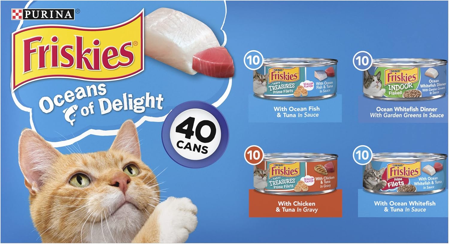 Purina Friskies Wet Cat Food Variety Pack, Oceans of Delight Flaked  Prime Filets - 5.5 oz. Cans (Pack of 40) · v2