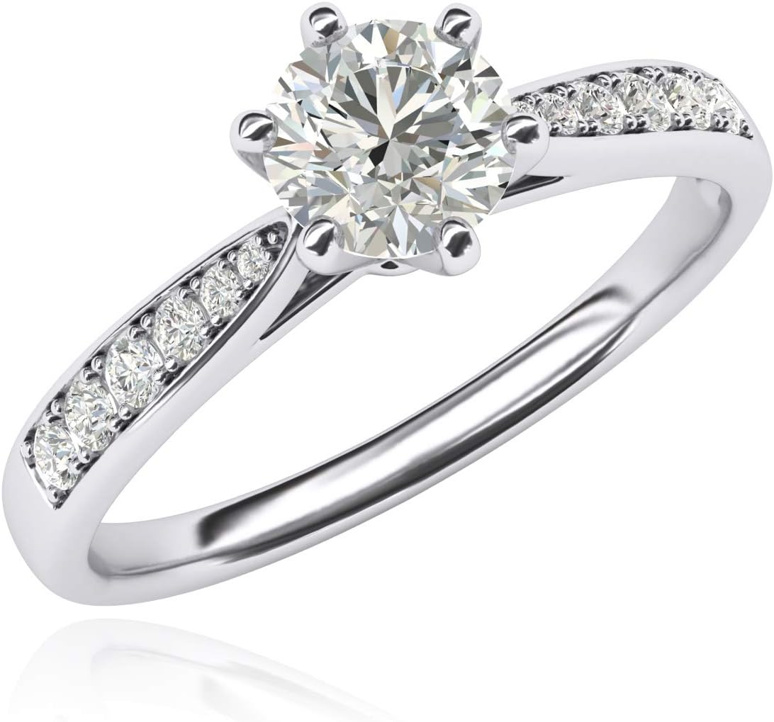 Anillo de compromiso clásico de 6 puntas en oro blanco de 14 quilates con diamantes simulados de 1 quilate, piedras laterales graduadas, anillo de compromiso de novia