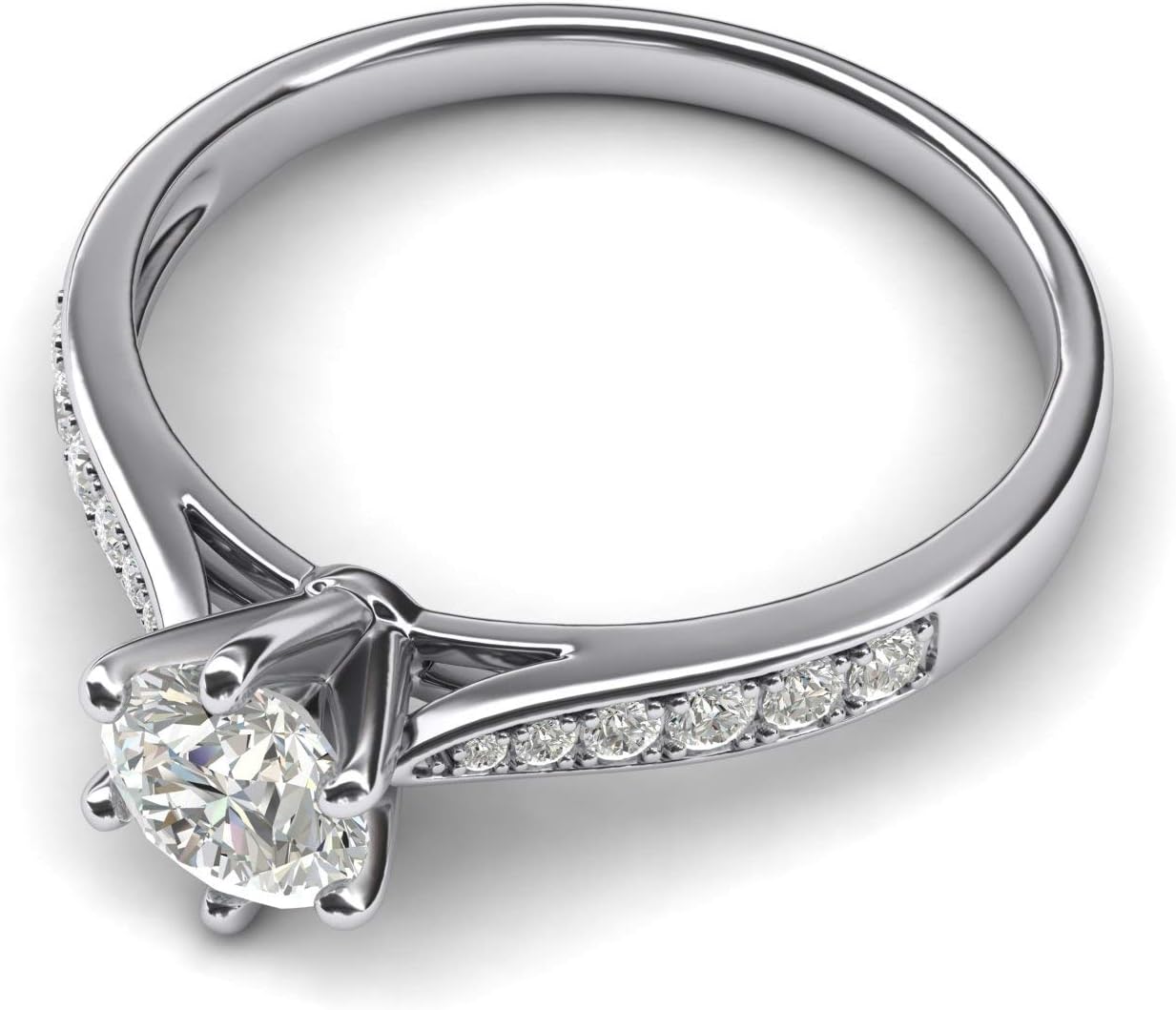 Anillo de compromiso clásico de 6 puntas en oro blanco de 14 quilates con diamantes simulados de 1 quilate, piedras laterales graduadas, anillo de compromiso de novia