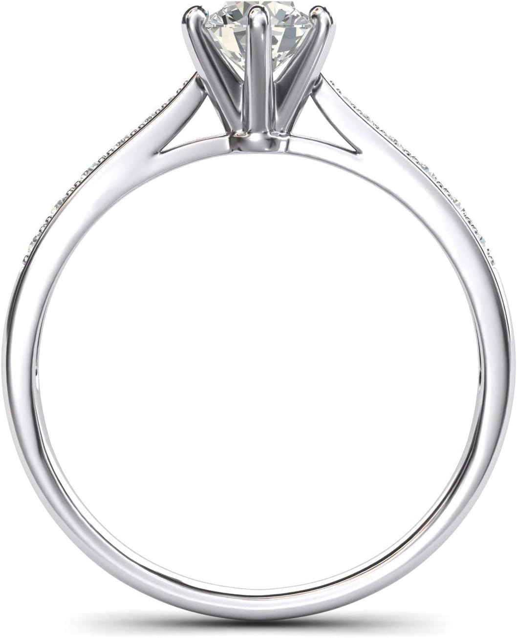 Anillo de compromiso clásico de 6 puntas en oro blanco de 14 quilates con diamantes simulados de 1 quilate, piedras laterales graduadas, anillo de compromiso de novia
