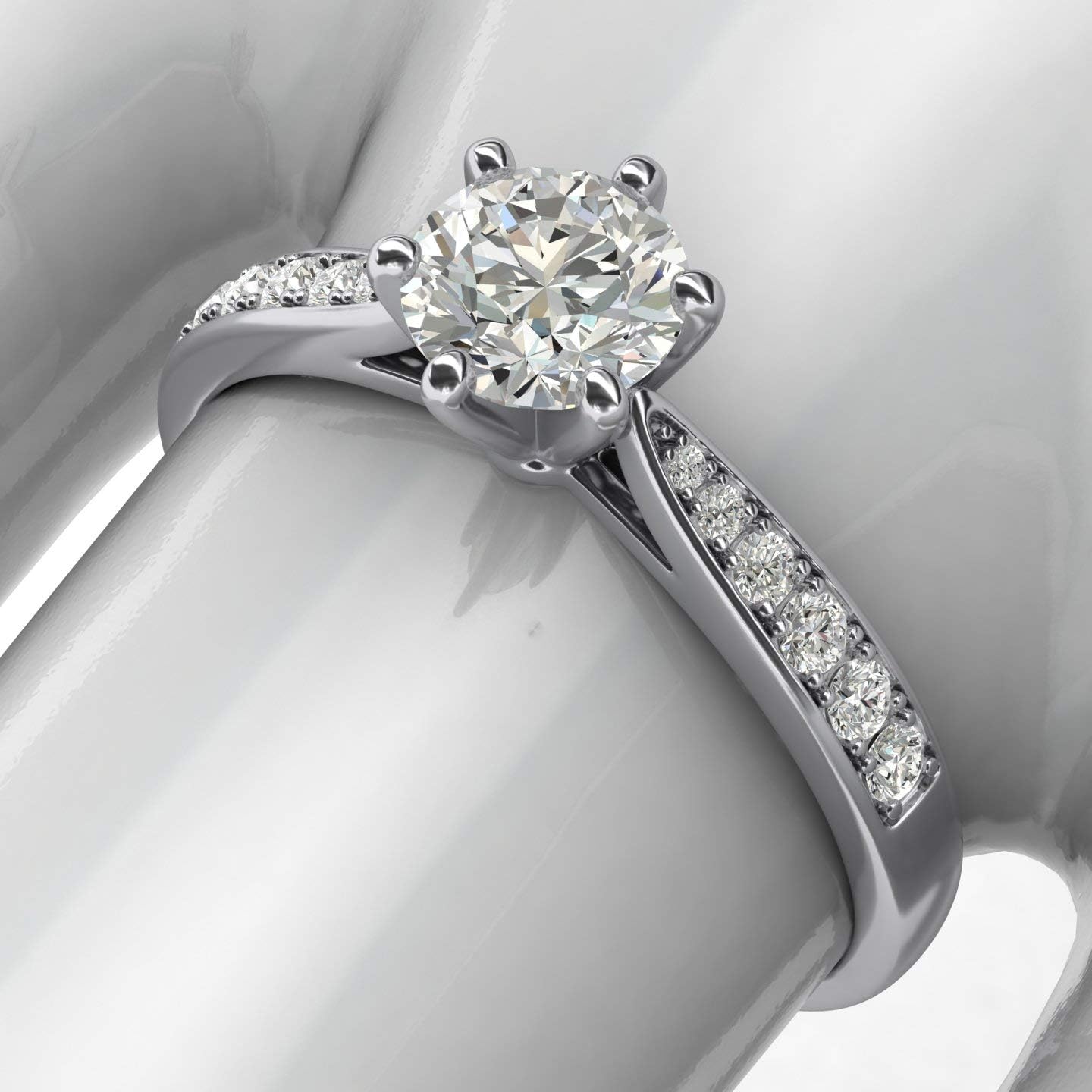 Anillo de compromiso clásico de 6 puntas en oro blanco de 14 quilates con diamantes simulados de 1 quilate, piedras laterales graduadas, anillo de compromiso de novia