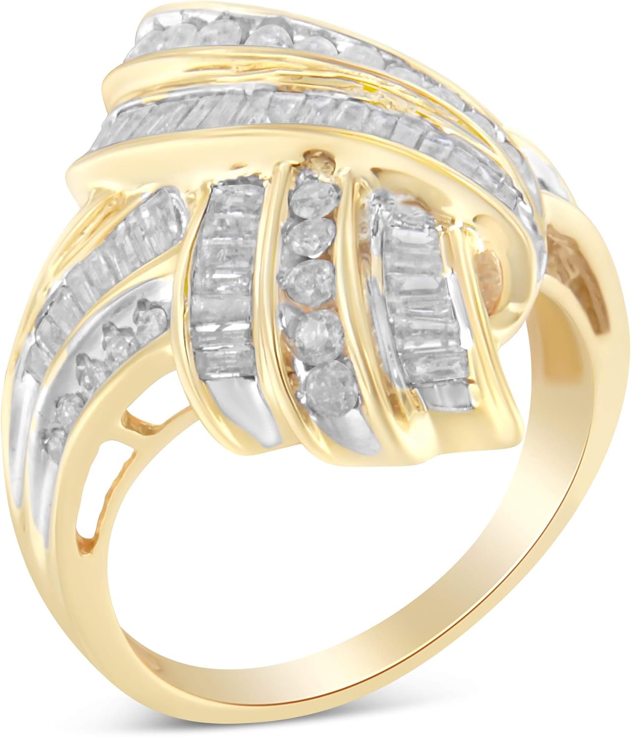 .925 Anello da cocktail in argento sterling 1.0 Cttw rotondo con diamante taglio baguette con nodo bypass (colore I-J, purezza I2-I3) - Colore del metallo a scelta