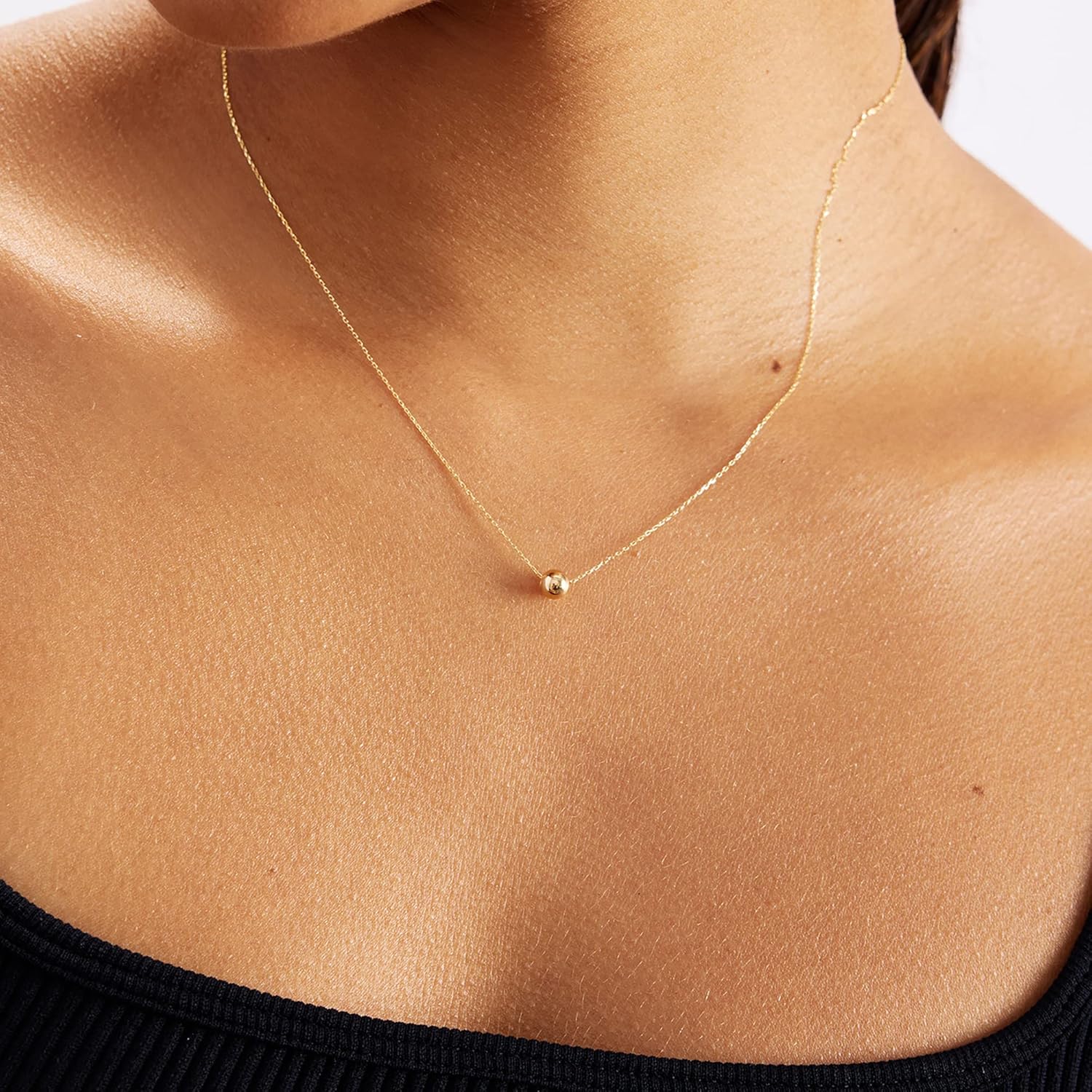 สร้อยคอลูกปัดทองคำแท้ 14k | สร้อยคอลูกปัดทองคำเหลือง 14k ขนาดเล็กพร้อมจี้สำหรับผู้หญิง | สร้อยคอลูกปัด | เครื่องประดับทรงกลมละเอียดอ่อน | ของขวัญสำหรับคริสต์มาส 18