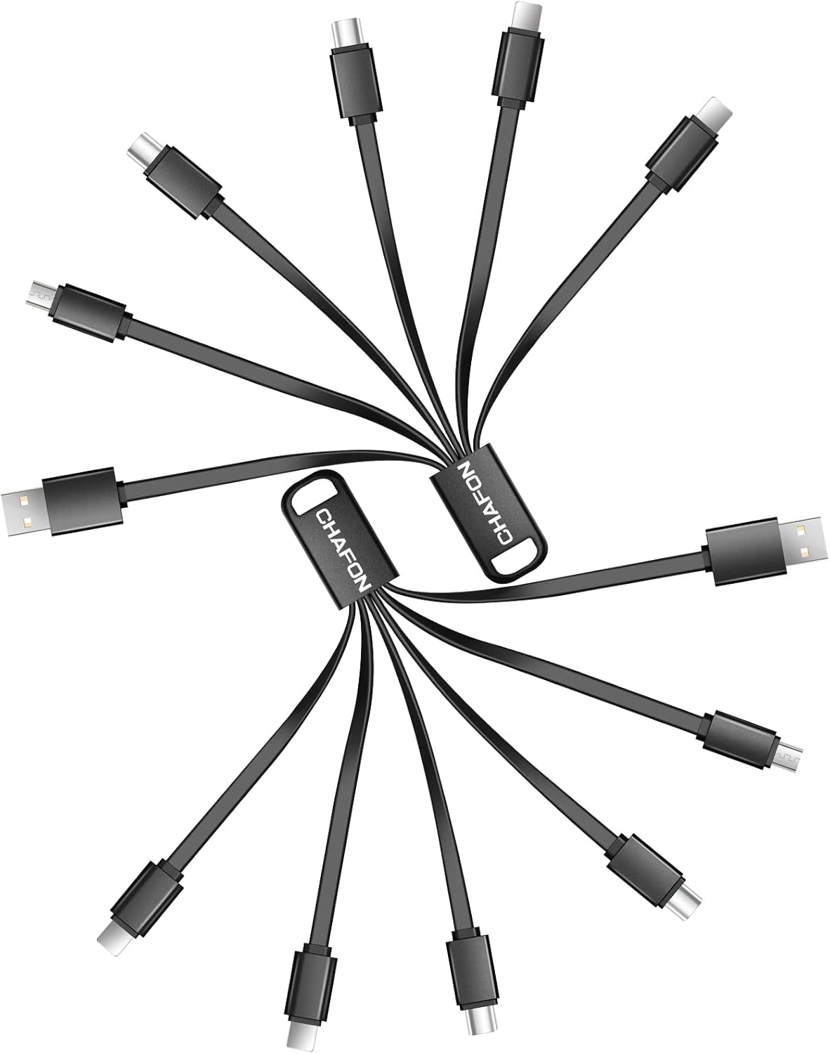 Câble de recharge multiple court, lot de 2, 6 en 1, adaptateur de chargeur rapide USB multiple de type C, connecteurs de port micro USB compatibles avec les téléphones portables/les tablettes/les chargeurs portables (noir)