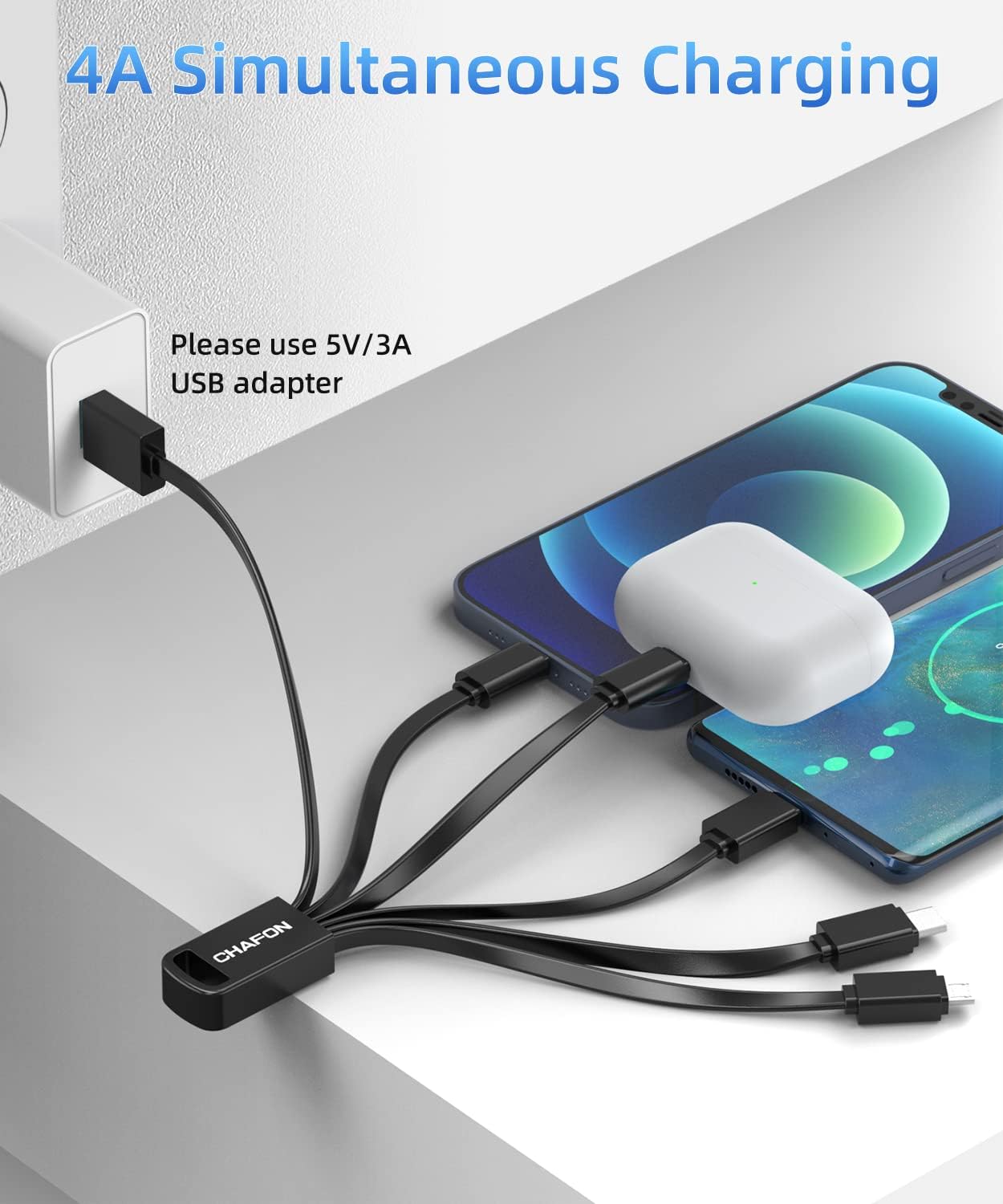 Multi Charging Cable Short, 2Pack 6 in 1 Multiple USB Fast Charger Cord Adapter Type C Micro USB Port Connectors Compatible with Cell Phones/Tablets/Portable Charger (Black)