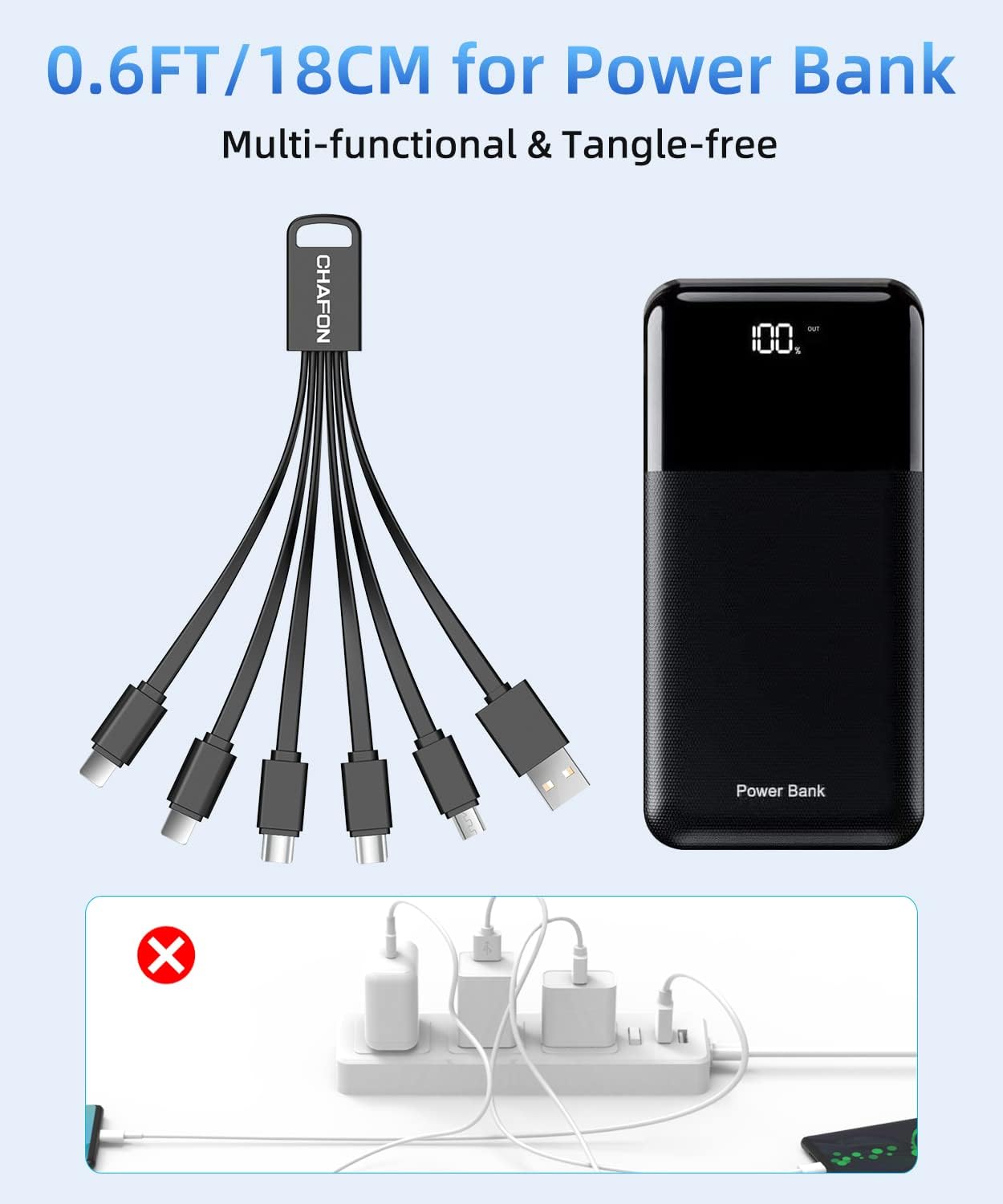 Multi Charging Cable Short, 2Pack 6 in 1 Multiple USB Fast Charger Cord Adapter Type C Micro USB Port Connectors Compatible with Cell Phones/Tablets/Portable Charger (Black)