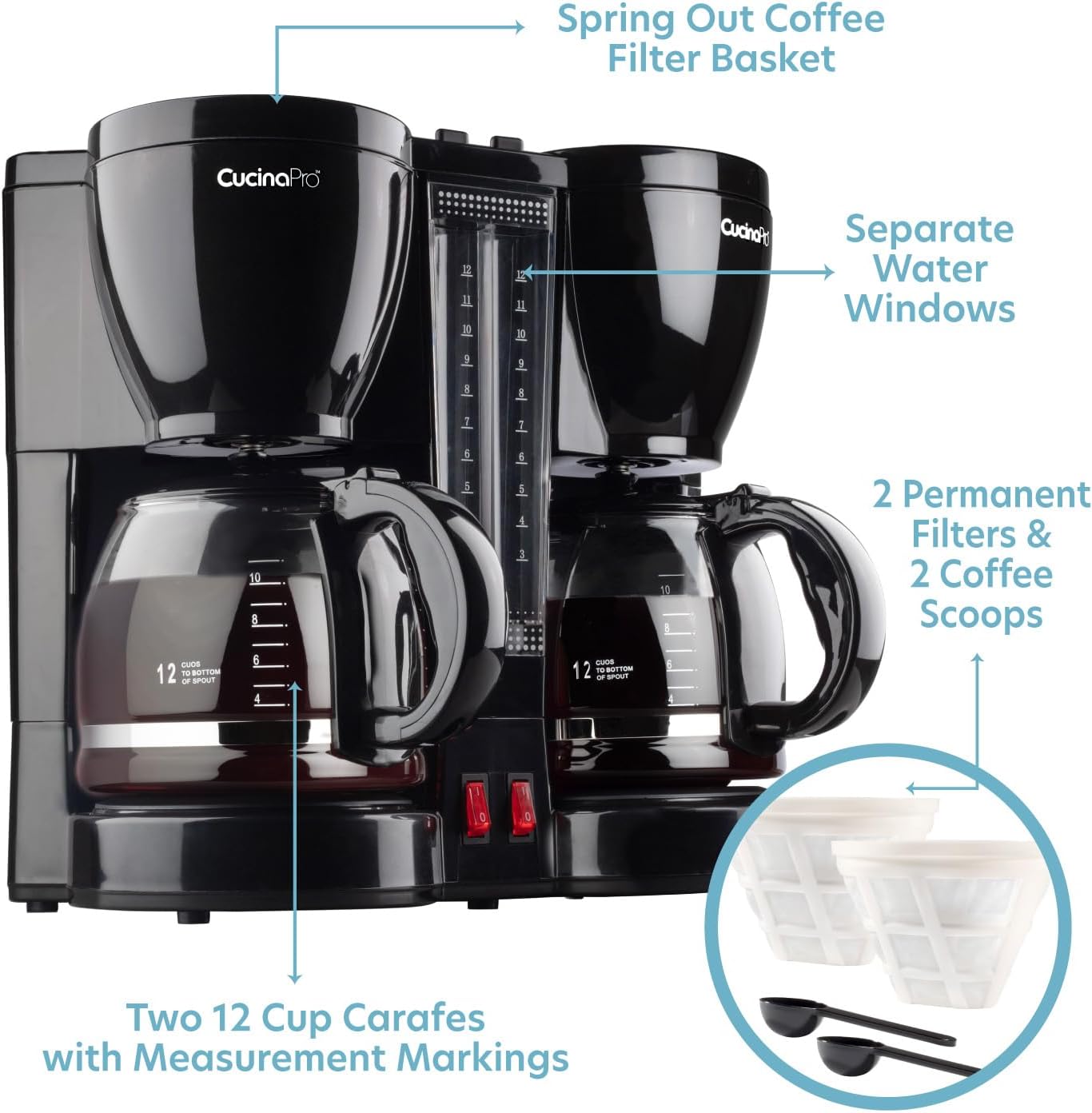 Double Coffee Brewer Station - Dual Drip Coffee Maker Brews two 12-cup Pots, Make Regular or Decaf at Once or Different Flavors, w/ Individual Heating Elements, 2 Glass Carafes, Filters  Scoopers · v2