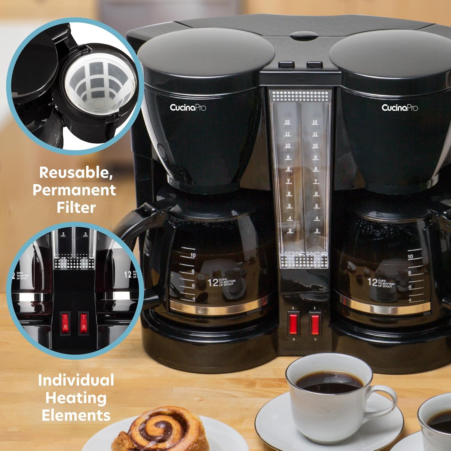 Double Coffee Brewer Station - Dual Drip Coffee Maker Brews two 12-cup Pots, Make Regular or Decaf at Once or Different Flavors, w/ Individual Heating Elements, 2 Glass Carafes, Filters  Scoopers · v2