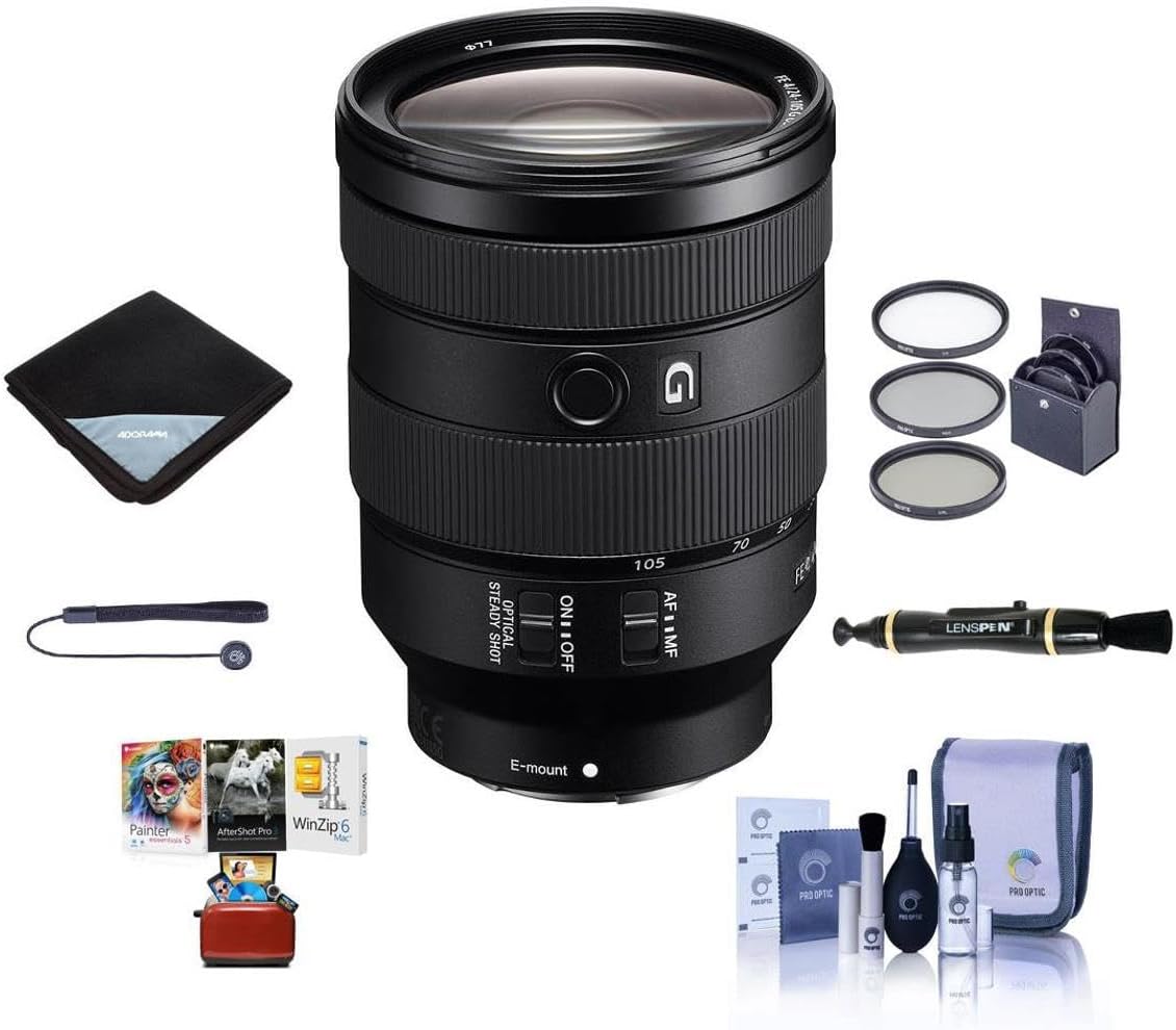Sony FE 24-105mm f/4 G OSS E-Mount Lens - Bundle w/77mm Filter Kit, Lens Wrap, Cleaning Kit, Capleash, Mac Software Package