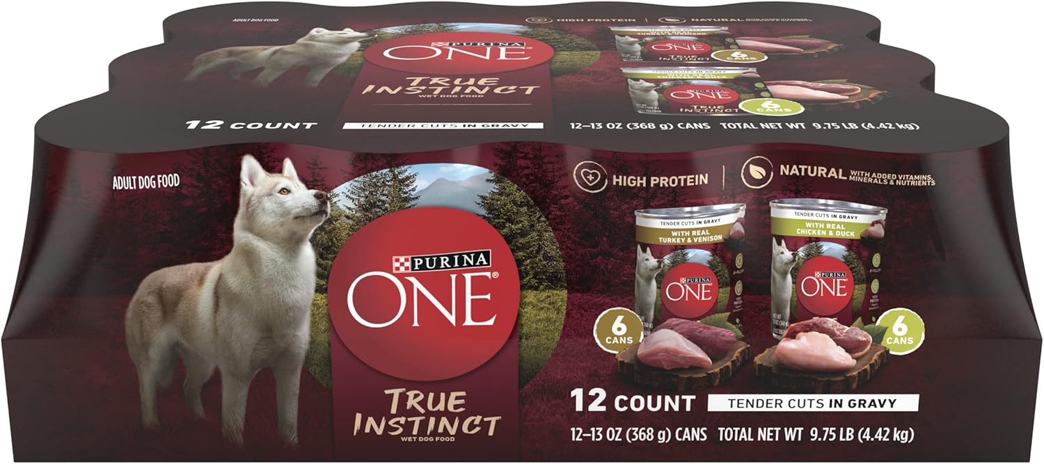 Purina ONE True Instinct Tender Cuts in Sauce avec de la vraie dinde et du vrai gibier, ainsi que de la nourriture humide pour chiens riche en protéines au poulet et au canard - (lot de 12) boîtes de 13 oz