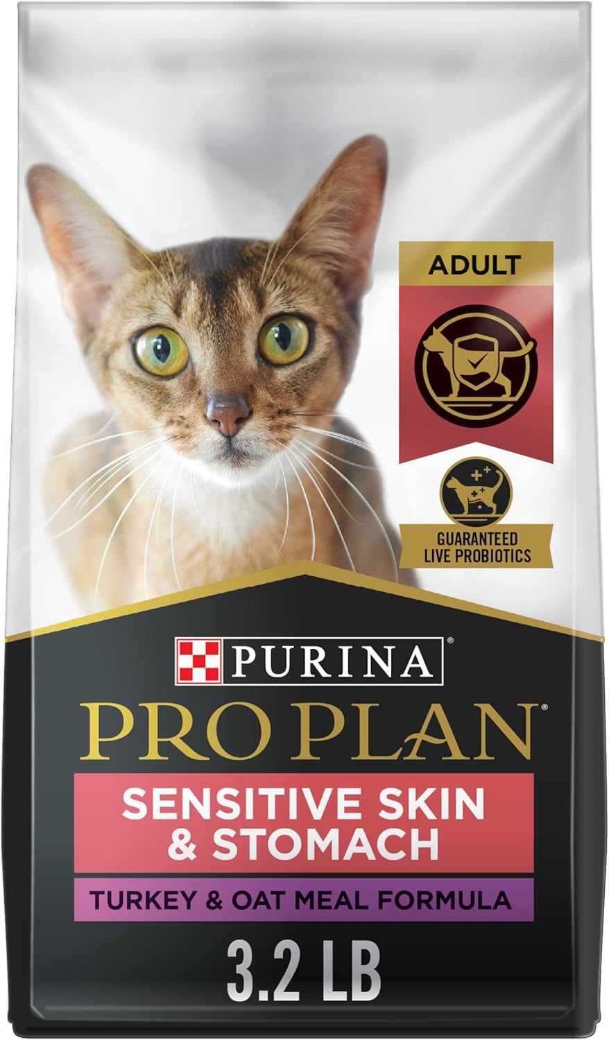Purina Pro Plan con probióticos, piel sensible, estómago, alimento seco natural para gatos, amplificador de pavo; fórmula de harina de avena, bolsa de 3.2 libras