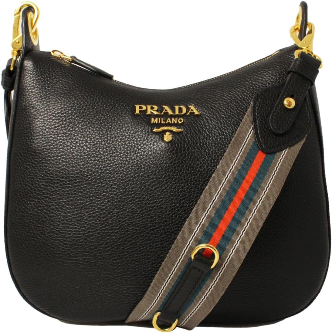Borsa a tracolla Prada Vitello Phenix nera con tracolla a righe Web 1BC166