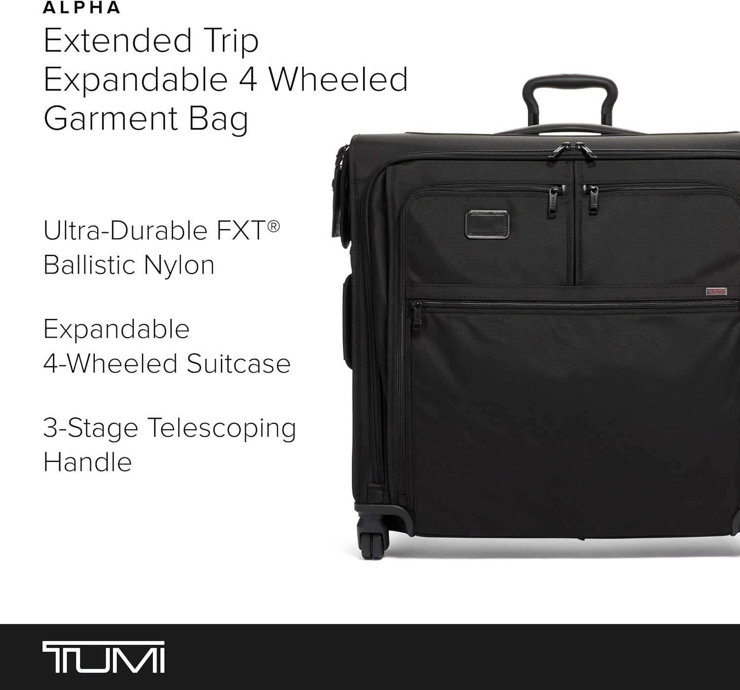 TUMI - Alpha Extended Trip 4 Wheeled Garment Bag - 4-Wheeled Clothing Bag for Hanging Suits, Dresses  Coats - With TSA Lock - Black