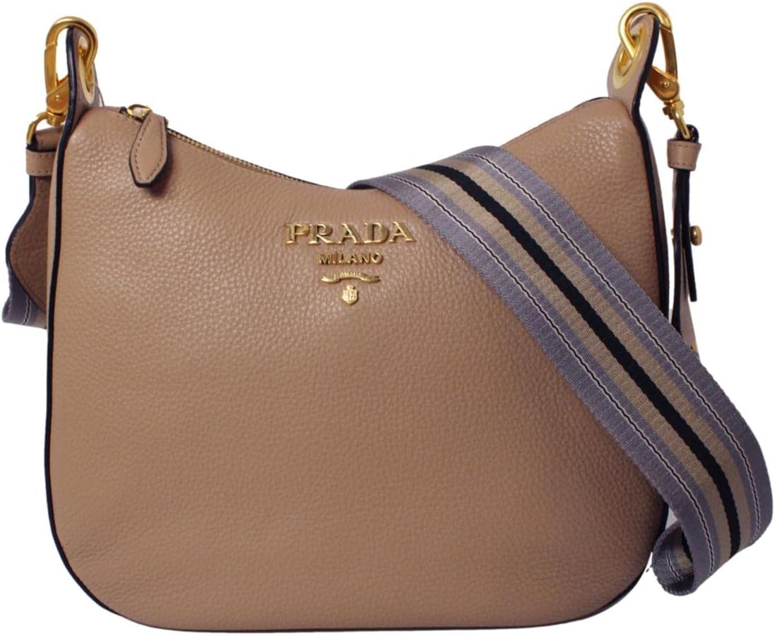 Prada Vitello Daino Tan Leather Shoulder Handbag with Silver and Blue Nylon Web Striped Strap 1BC052 · v3