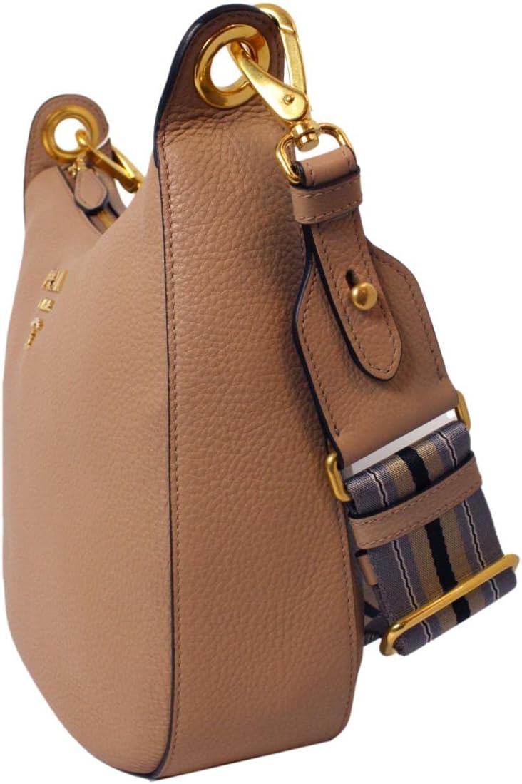 Prada Vitello Daino Tan Leather Shoulder Handbag with Silver and Blue Nylon Web Striped Strap 1BC052 · v3