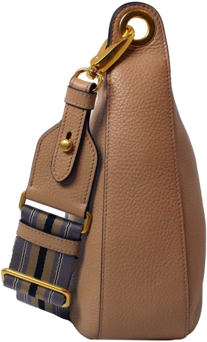 Prada Vitello Daino Tan Leather Shoulder Handbag with Silver and Blue Nylon Web Striped Strap 1BC052 · v3