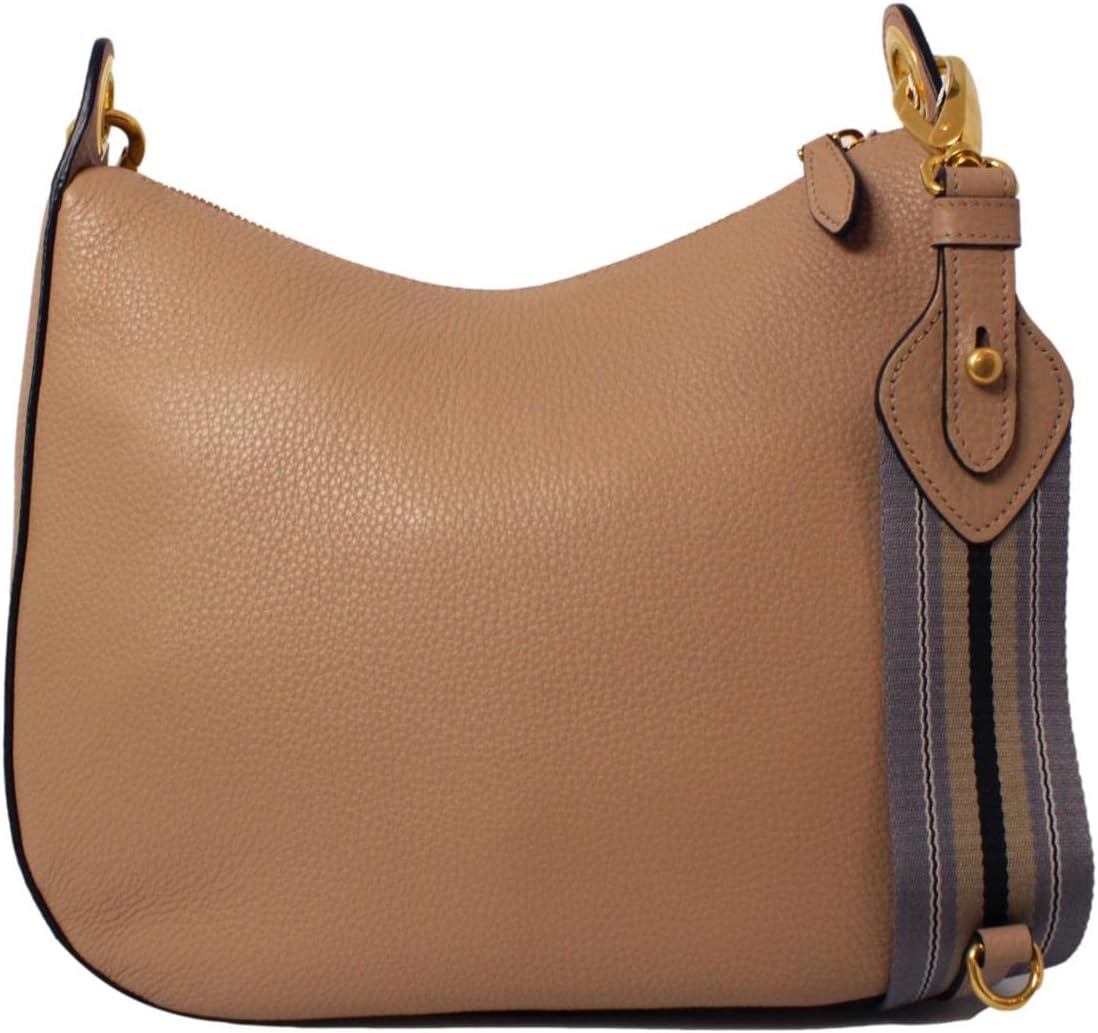 Prada Vitello Daino Tan Leather Shoulder Handbag with Silver and Blue Nylon Web Striped Strap 1BC052 · v3