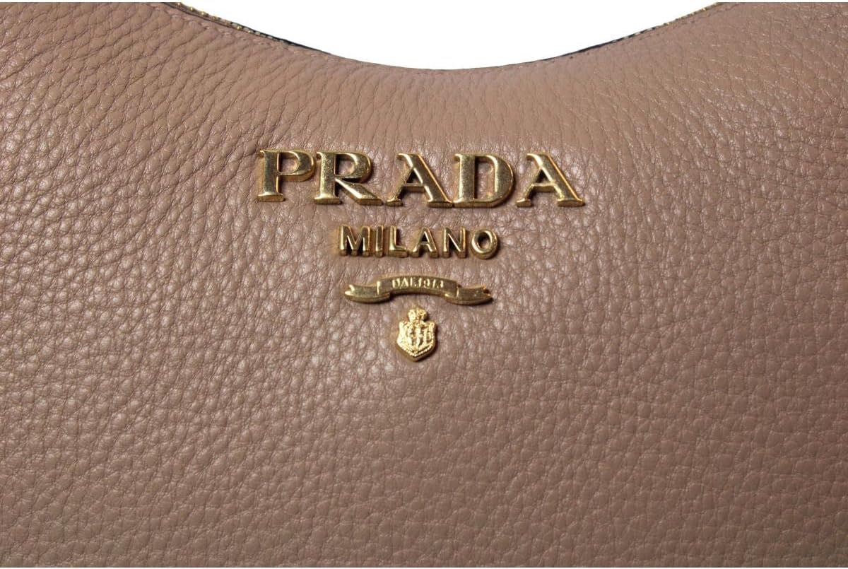 Prada Vitello Daino Tan Leather Shoulder Handbag with Silver and Blue Nylon Web Striped Strap 1BC052 · v3