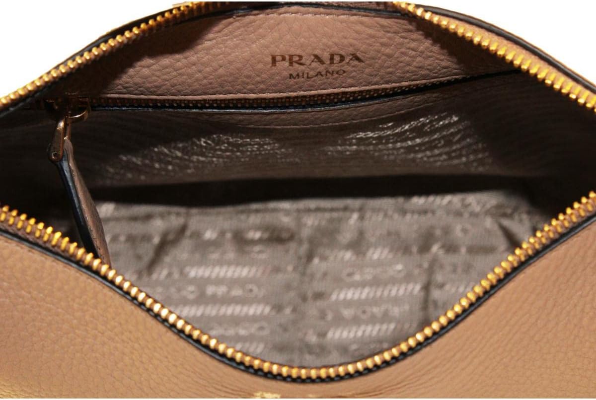 Prada Vitello Daino Tan Leather Shoulder Handbag with Silver and Blue Nylon Web Striped Strap 1BC052 · v3
