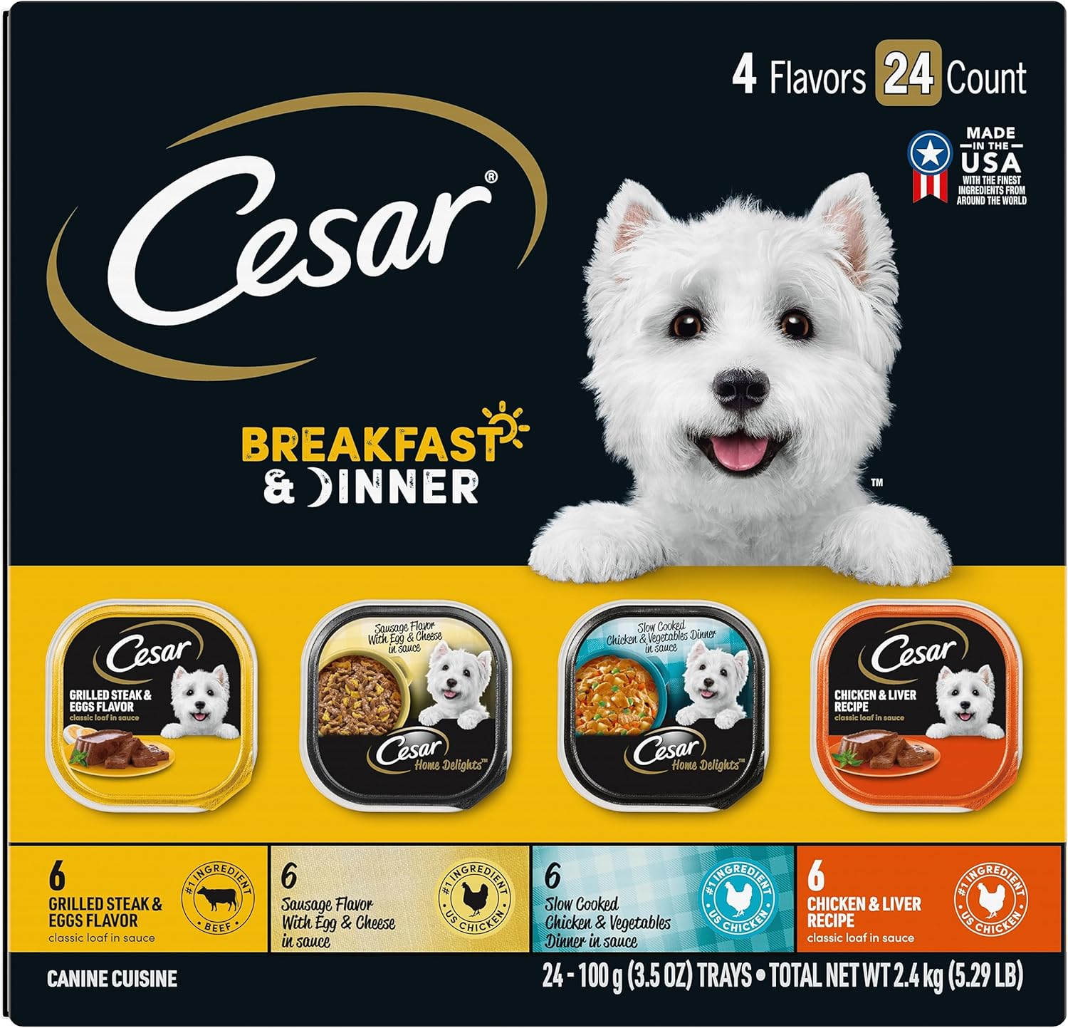 Comida húmeda para perros adultos CESAR HOME DELIGHTS, clásico pan con salsa, desayuno, paquete variado, (24) bandejas de 3.5 oz. Fáciles de pelar