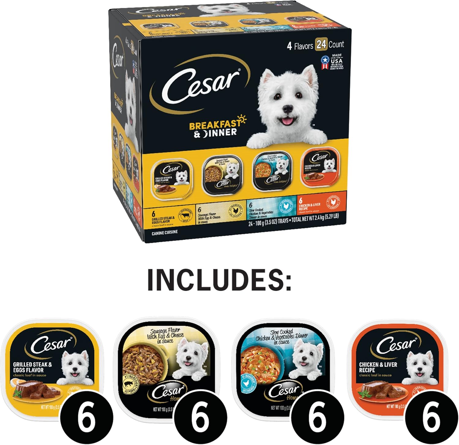 CESAR HOME DELIGHTS 成犬用ウェットフード クラシックローフインソース 朝食・夕食用バラエティパック (24) 3.5オンス イージーピールトレイ