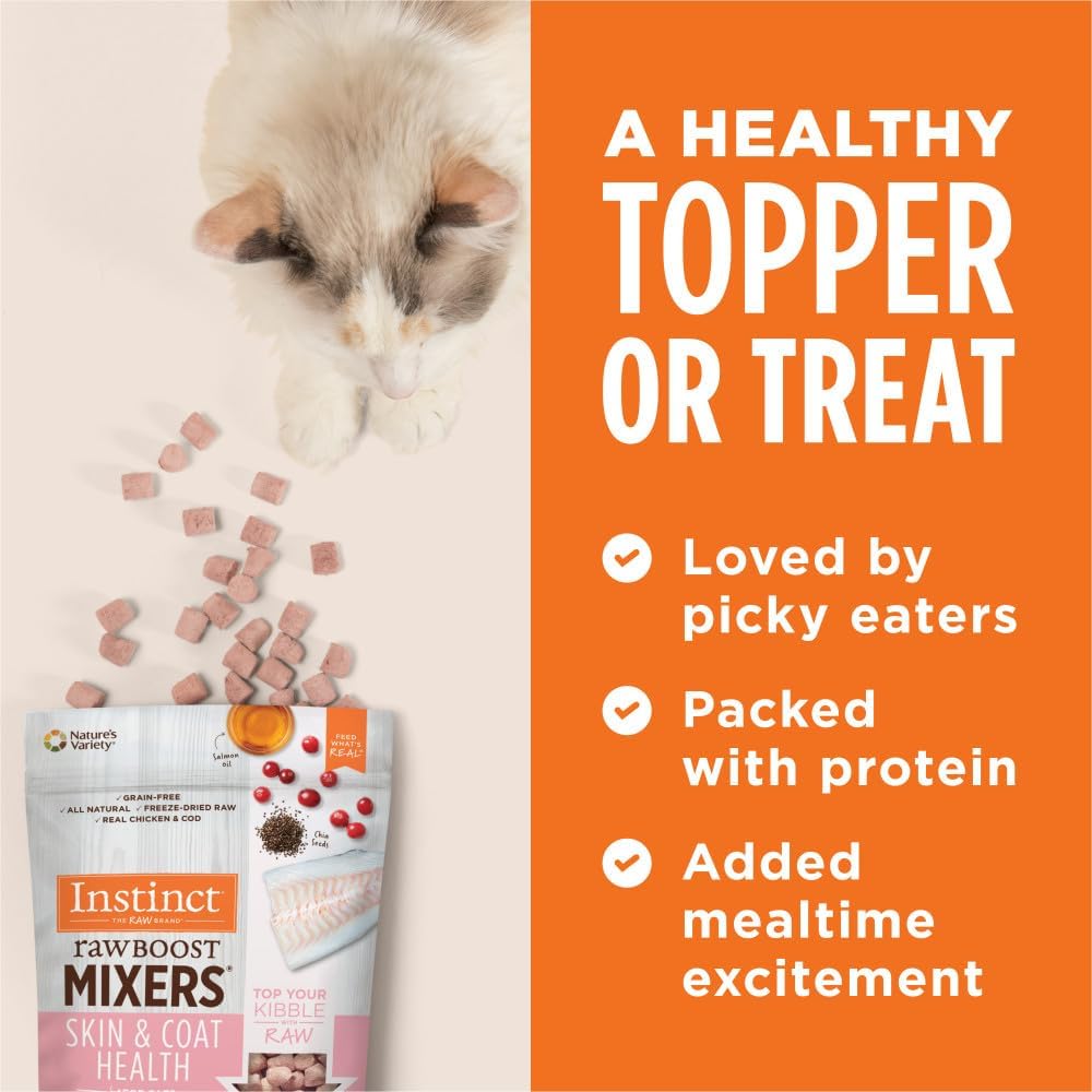 طعام القطط الطبيعي بالكامل من Instinct Freeze Dried Raw Boost Mixers Grain Free Skin Coat Health Recipe من Nature's Variety، كيس 5.5 أونصة