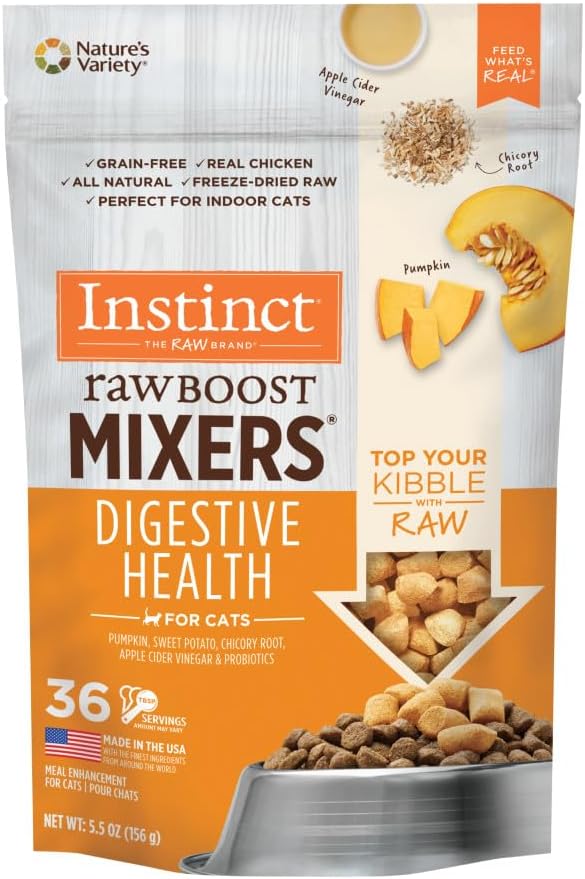 Topper per alimenti per gatti completamente naturale Instinct Raw Boost Mixers senza cereali, ricetta per la salute dell'apparato digerente, completamente naturale, di Natures Variety, sacchetto da 5,5 once