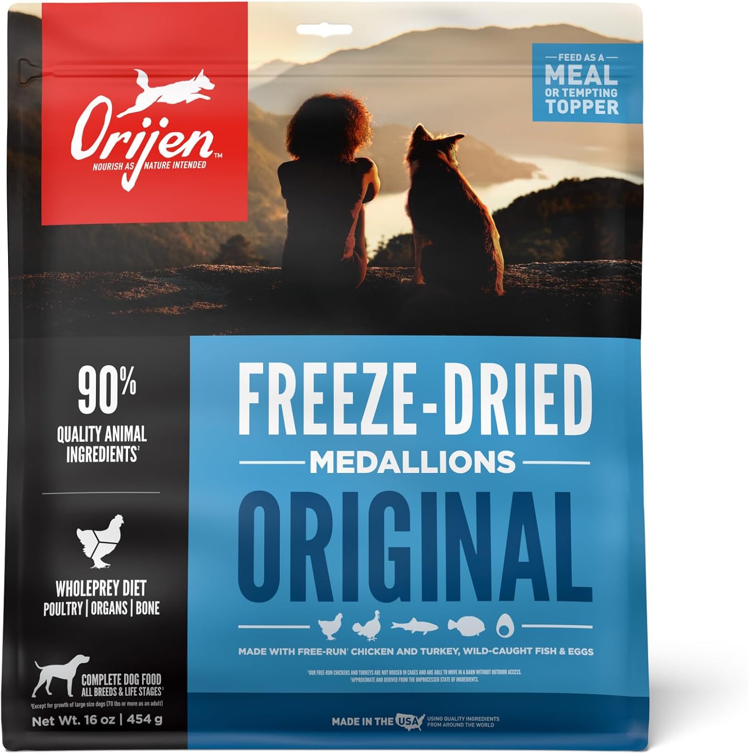 Médaillons lyophilisés ORIJEN Original, nourriture sèche pour chiens sans céréales et garniture, ingrédients WholePrey, 16 oz
