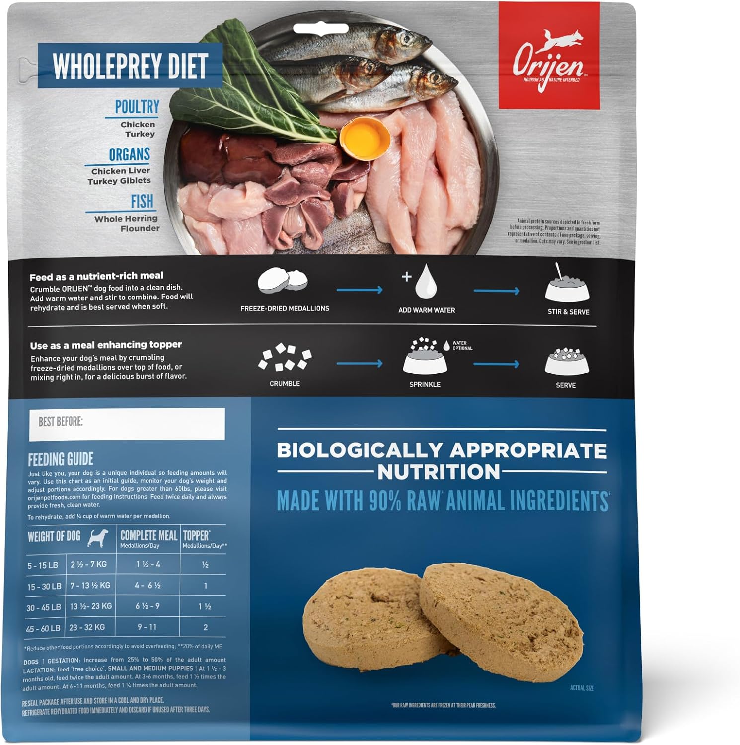 ORIJEN Original gefriergetrocknete Medaillons, getreidefreies Trockenfutter für Hunde und Topper, WholePrey Ingredients, 16 Unzen