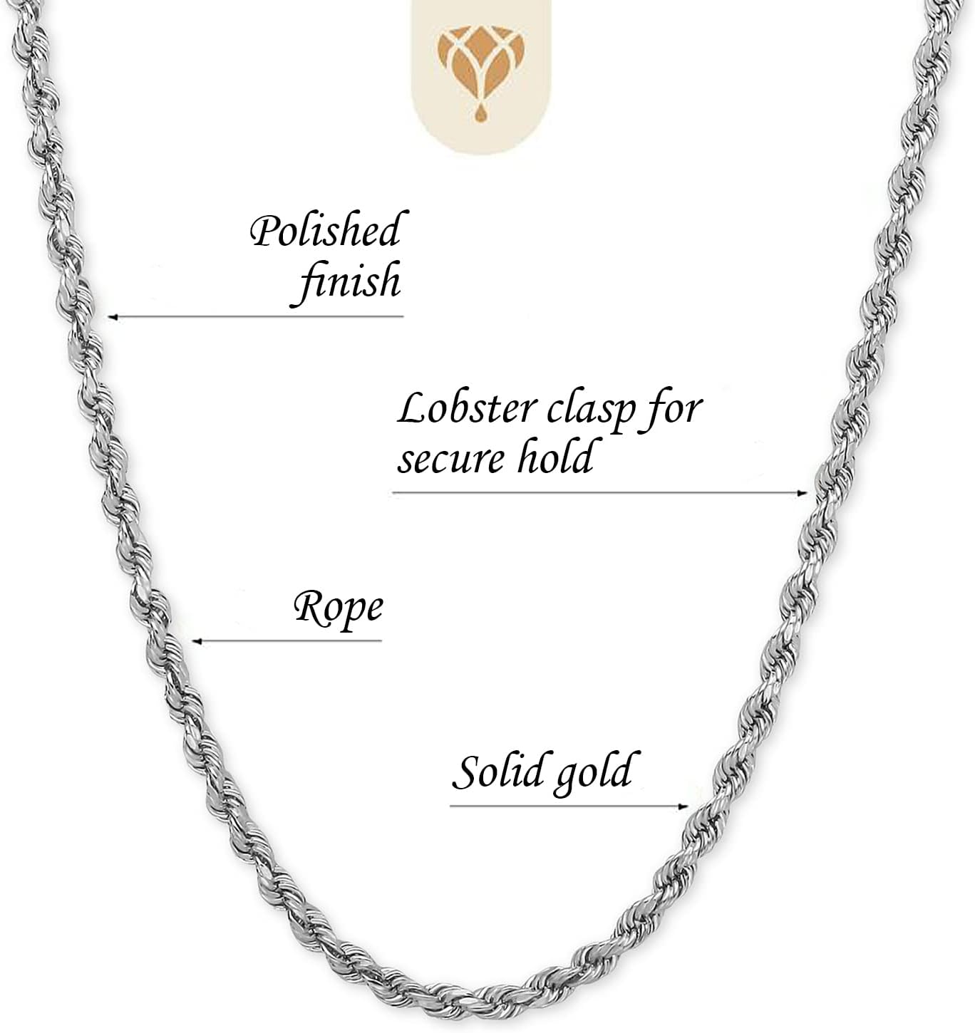 14k SOLID Yellow or White Gold 2.00mm Shiny Diamond-Cut Royal Solid Rope Chain Necklace for Pendants and Charms with Lobster-Claw Clasp (7, 10", 16", 18", 20" 22", 24" or 30 inch) · v2