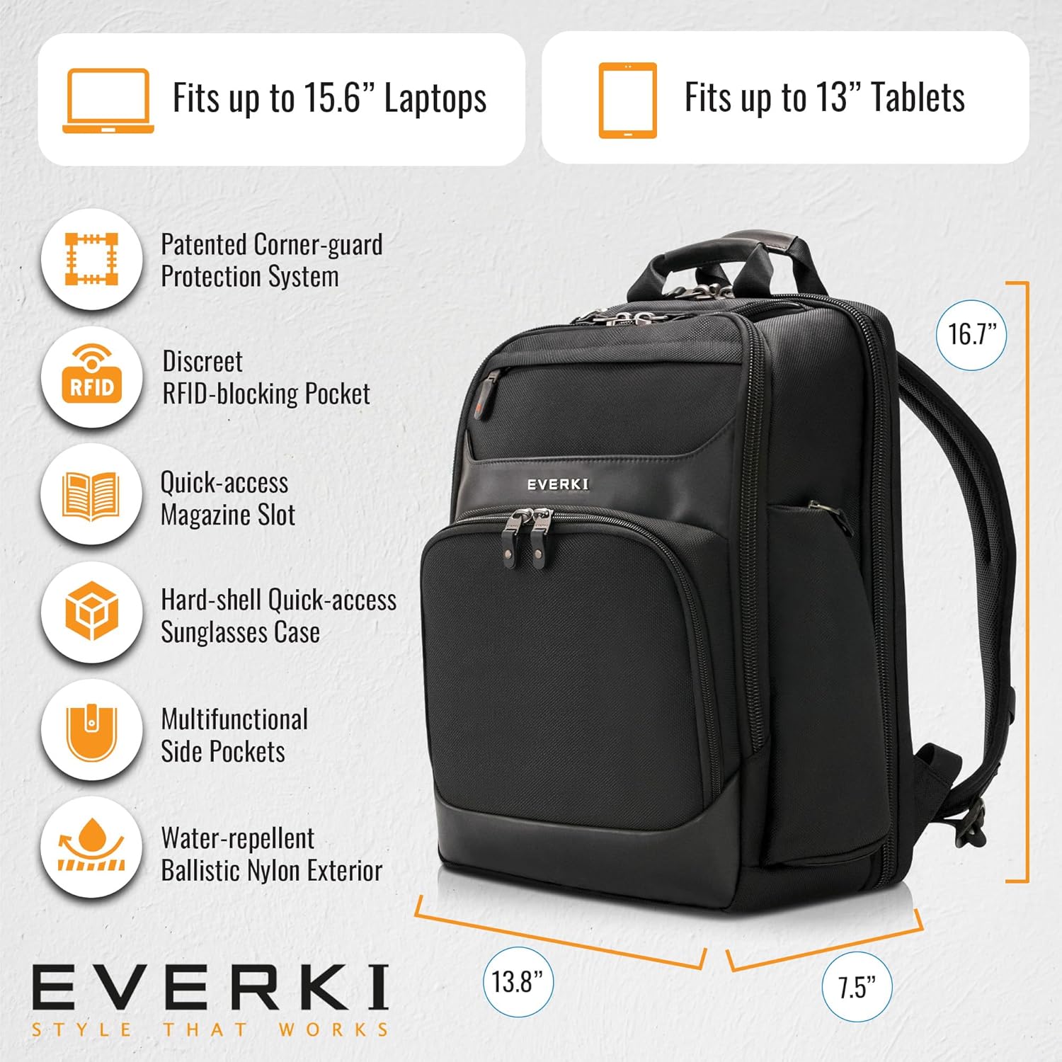 Everki Onyx Premium Business Executive Laptop-Rucksack 15,6 Zoll — Bürorucksack aus ballistischem Nylon und Leder, Laptoptasche, reisefreundlich — spezielles Fach mit einem Fassungsvermögen von bis zu 25 l (EKP132), Schwarz