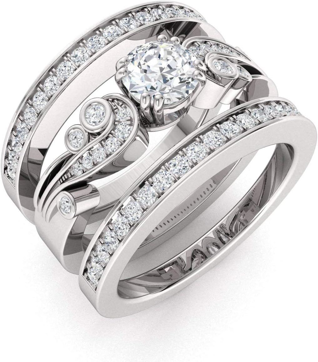 Anello di fidanzamento con pietre preziose e diamanti naturali e certificati Diamondere in oro bianco 14 carati | Set di fedi nuziali trio da 0,95 carati, taglia USA da 4 a 9