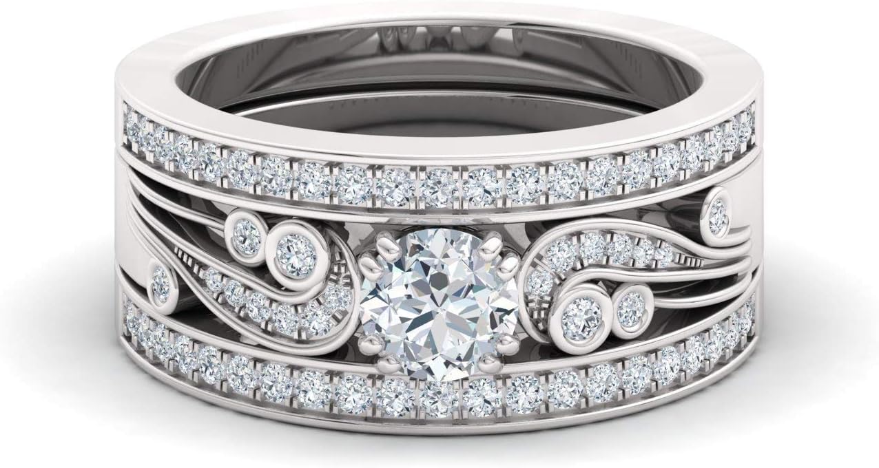 แหวนหมั้นเพชรและอัญมณีธรรมชาติและได้รับการรับรอง Diamondere ประดับในทองคำขาว 14K | แหวนแต่งงาน 3 ชิ้น 0.95 กะรัต ขนาด 4 ถึง 9 ของสหรัฐอเมริกา