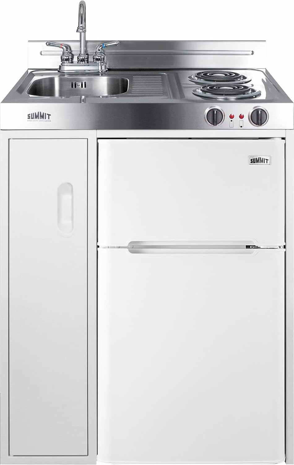 Bếp nhỏ Summit C30EL 30 có 2 bếp nấu cuộn, bồn rửa và vòi nước màu trắng, tủ lạnh-tủ đông 2 cửa đi kèm