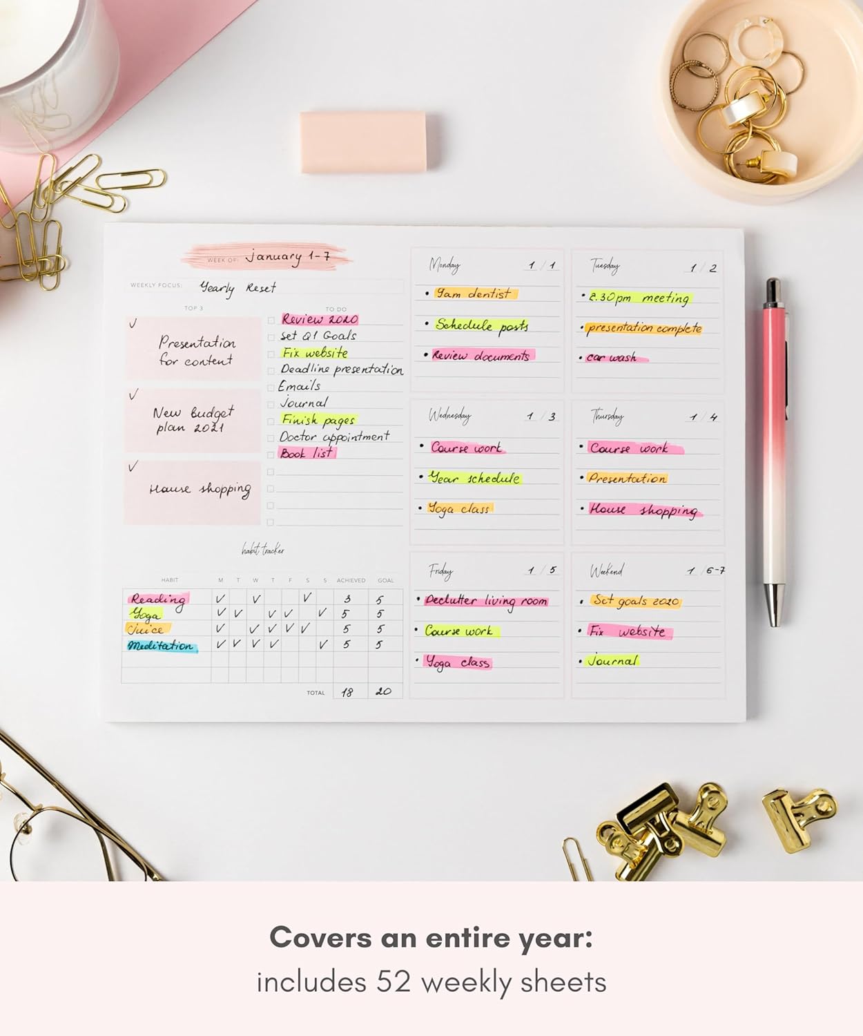 Lamare Weekly Planner Notepad Tear Off – 52 Undated Weekly Sheets Daily To Do List Notepad, Habit Tracker, Academic Planner Notebook, Daily Work Planner, Productivity Planner Weekly To Do List Notepad